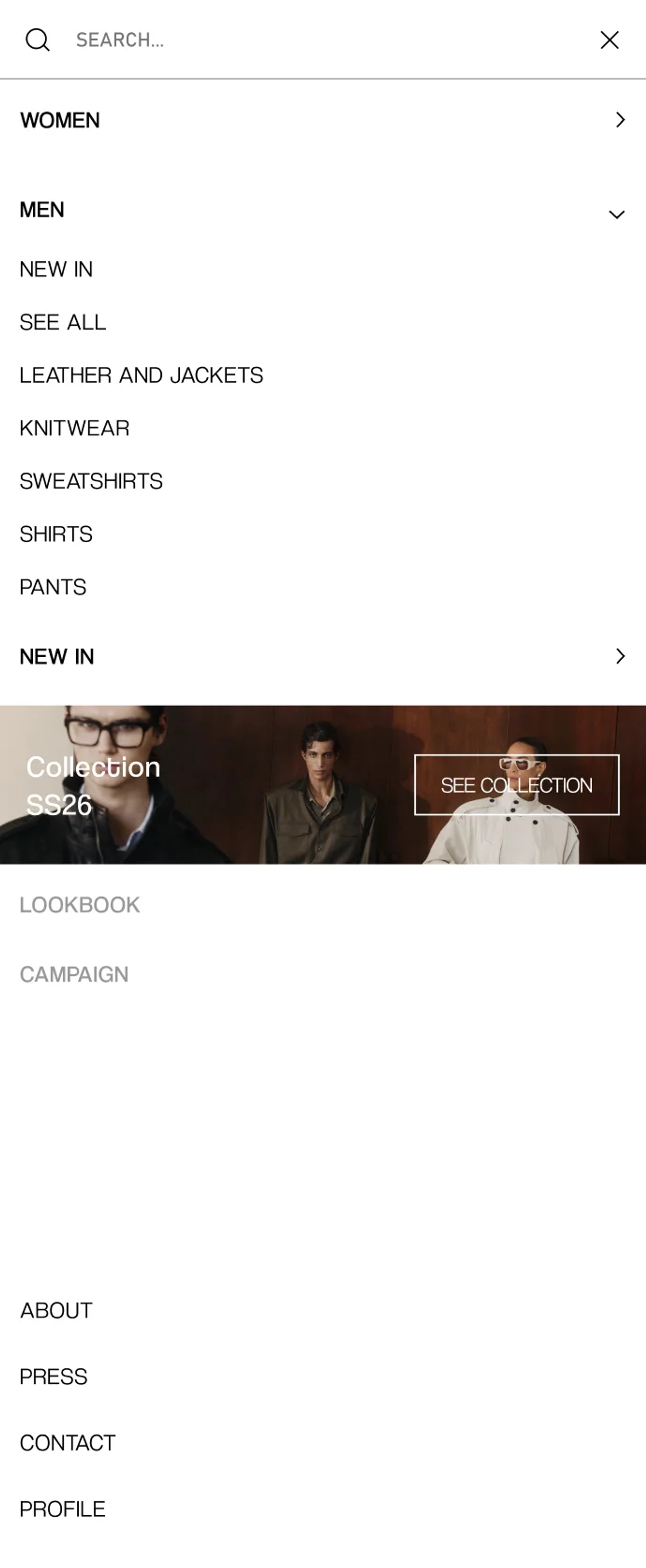 Menú mobile con New In, categorías de hombre, banner de la colección SS26 y accesos a Lookbook, Campaign, About y Contact