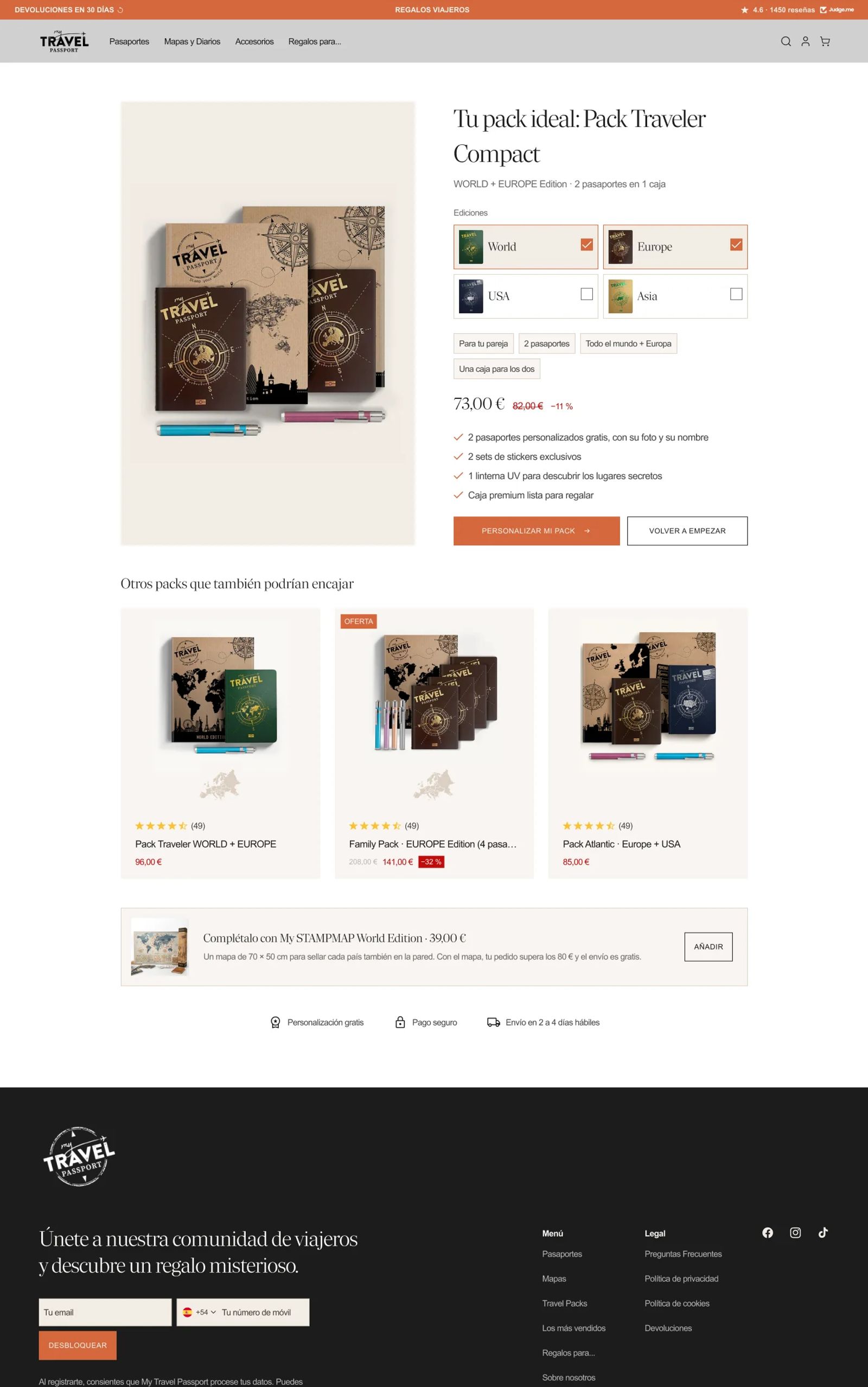 Resultado del quiz en desktop: pack recomendado con selector de ediciones, precio con descuento, botón para personalizar el pack y otros packs que también podrían encajar