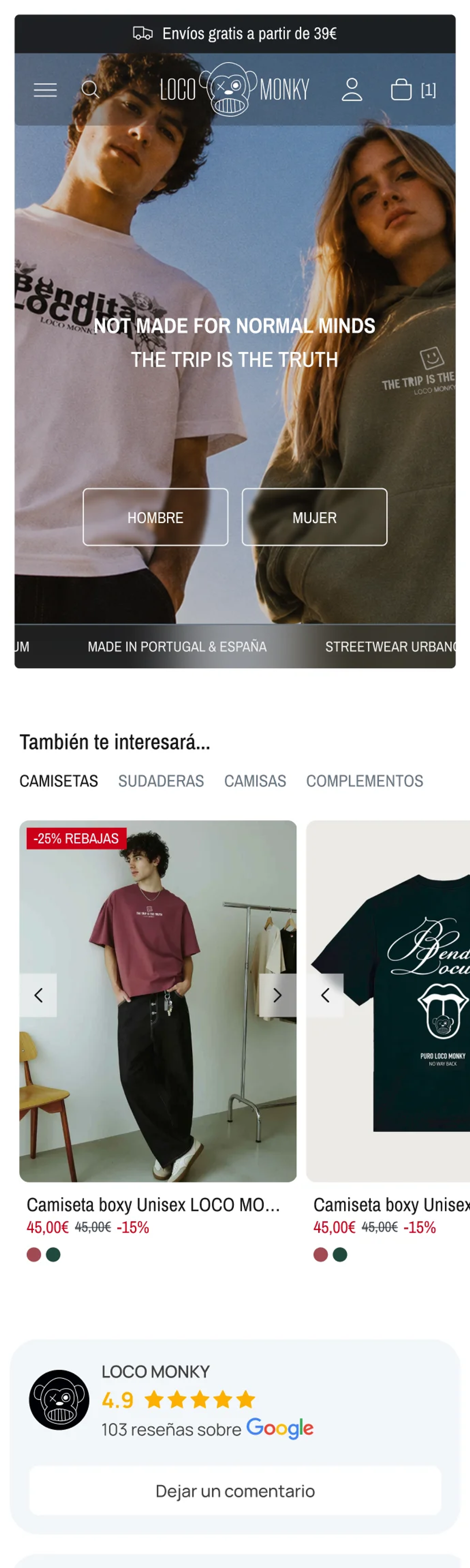 Home de Loco Monky en mobile: hero con el lema de la marca, selector de categorías, carrusel de productos nuevos y reseñas de Google