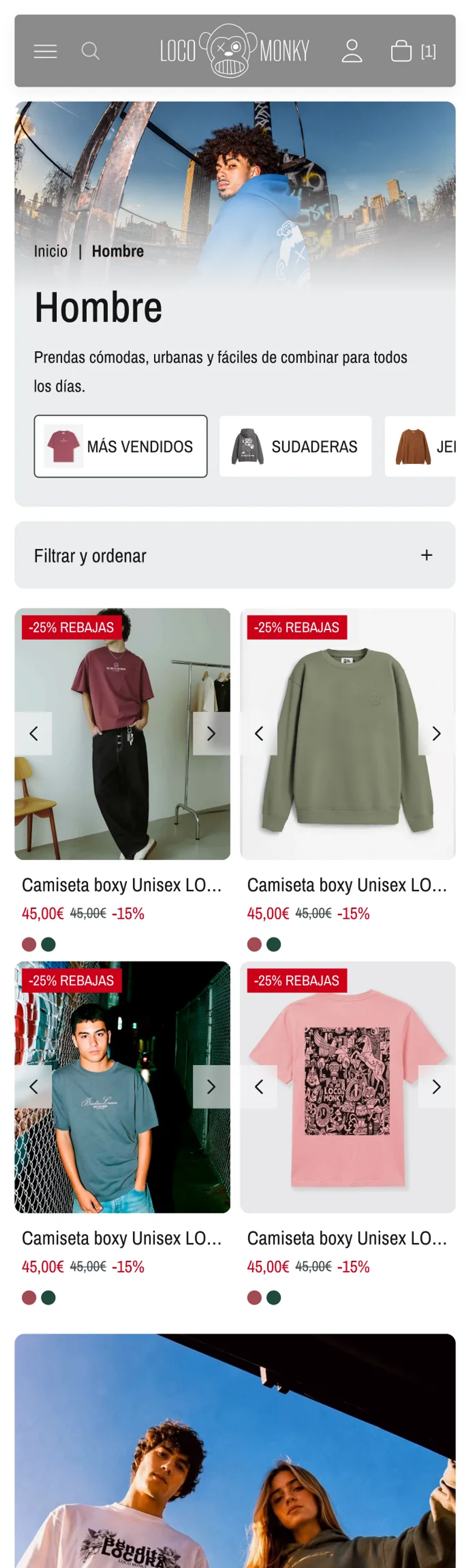 Colección Hombre en mobile: categorías en carrusel horizontal, filtros plegables, grilla de dos columnas con etiquetas de rebajas, foto de campaña y paginación