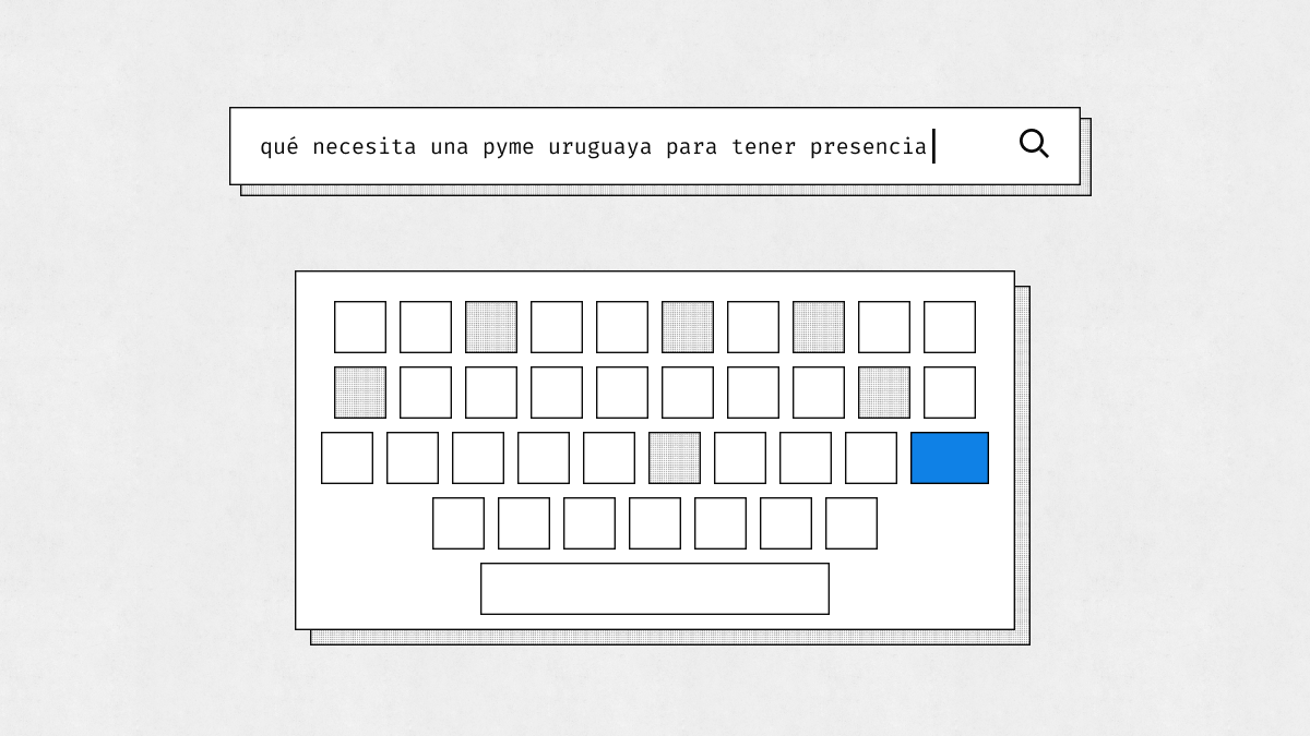 Barra de búsqueda con la pregunta de una pyme uruguaya sobre un teclado dibujado en línea, con la tecla Enter en azul.