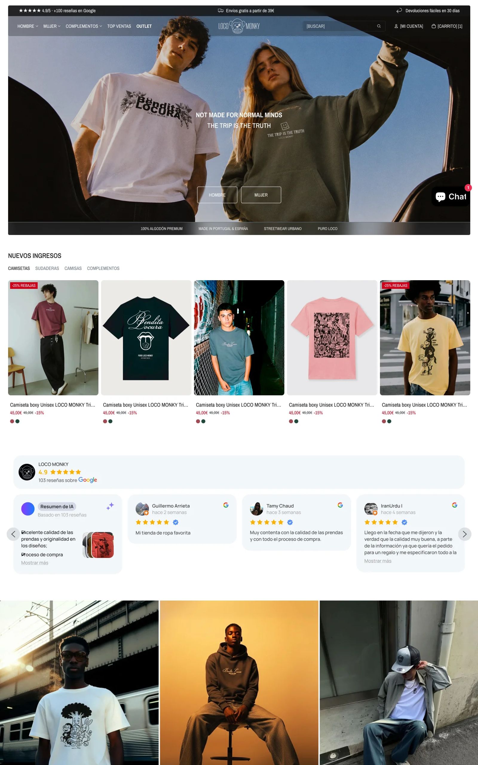 Home de Loco Monky en desktop: hero con modelos y el lema «Not made for normal minds», nuevos ingresos con selector de categorías, reseñas de Google, campaña con influencers y grilla de categorías (camisetas, sudaderas, camisas, complementos)