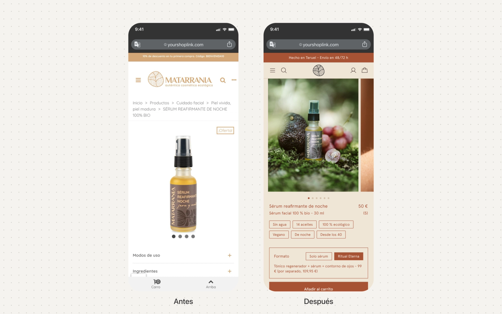 Primer pantallazo de la ficha del sérum en dos iPhones: la actual sin nombre ni precio a la vista y la rediseñada con título, precio, tags y formato