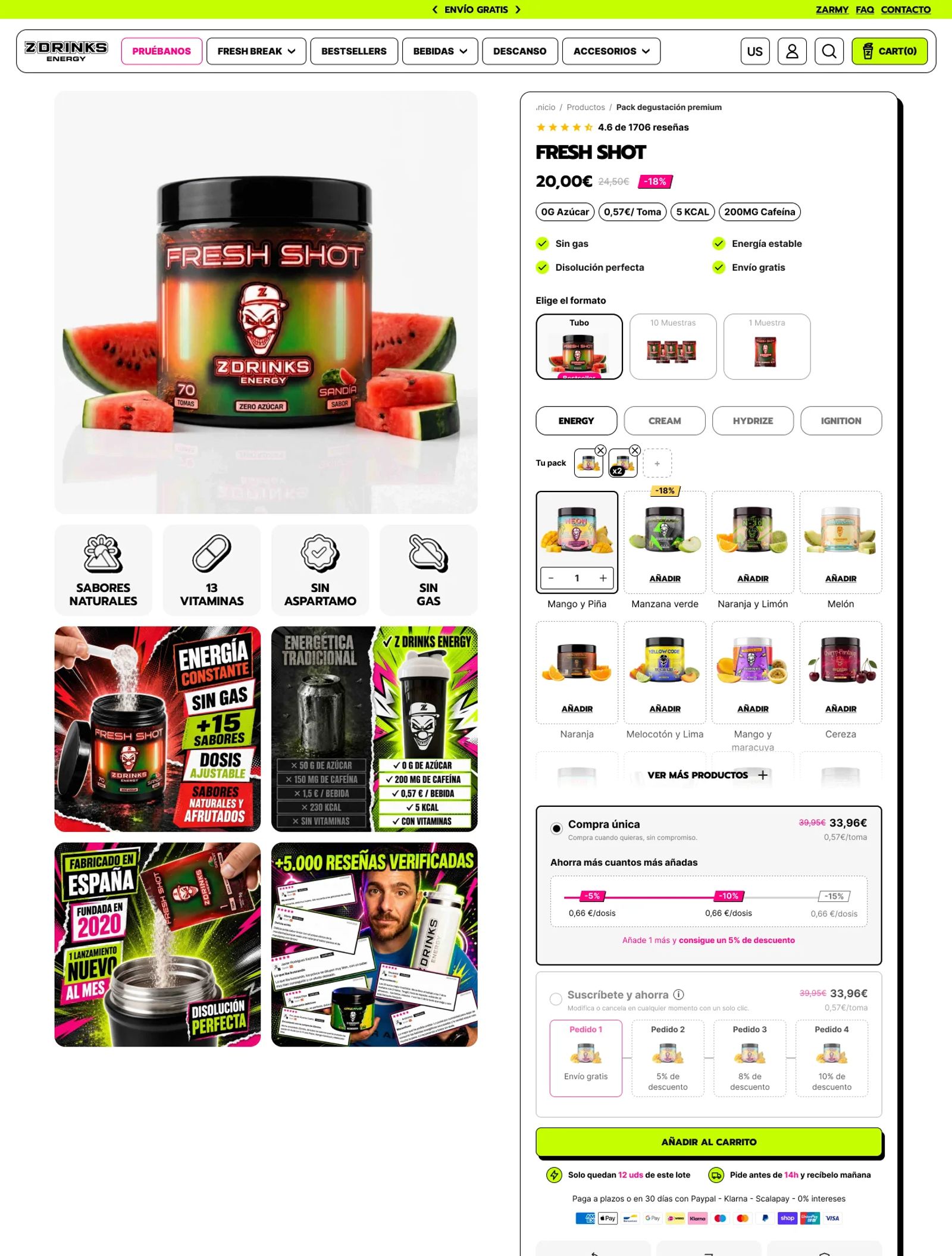 Ficha de producto en desktop con armado de pack: selector de formato y sabores, barra de descuento por cantidad (-5%, -10%, -15%), compra única o suscripción y botón Añadir al carrito