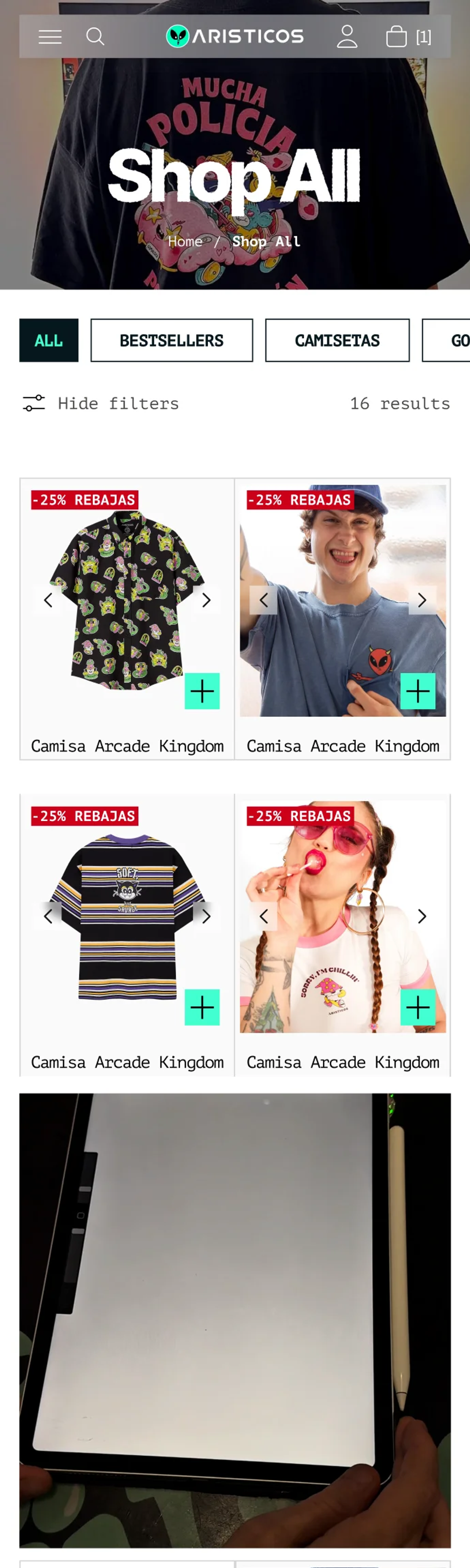 Colección Shop All en mobile con filtros por categoría y grilla de productos