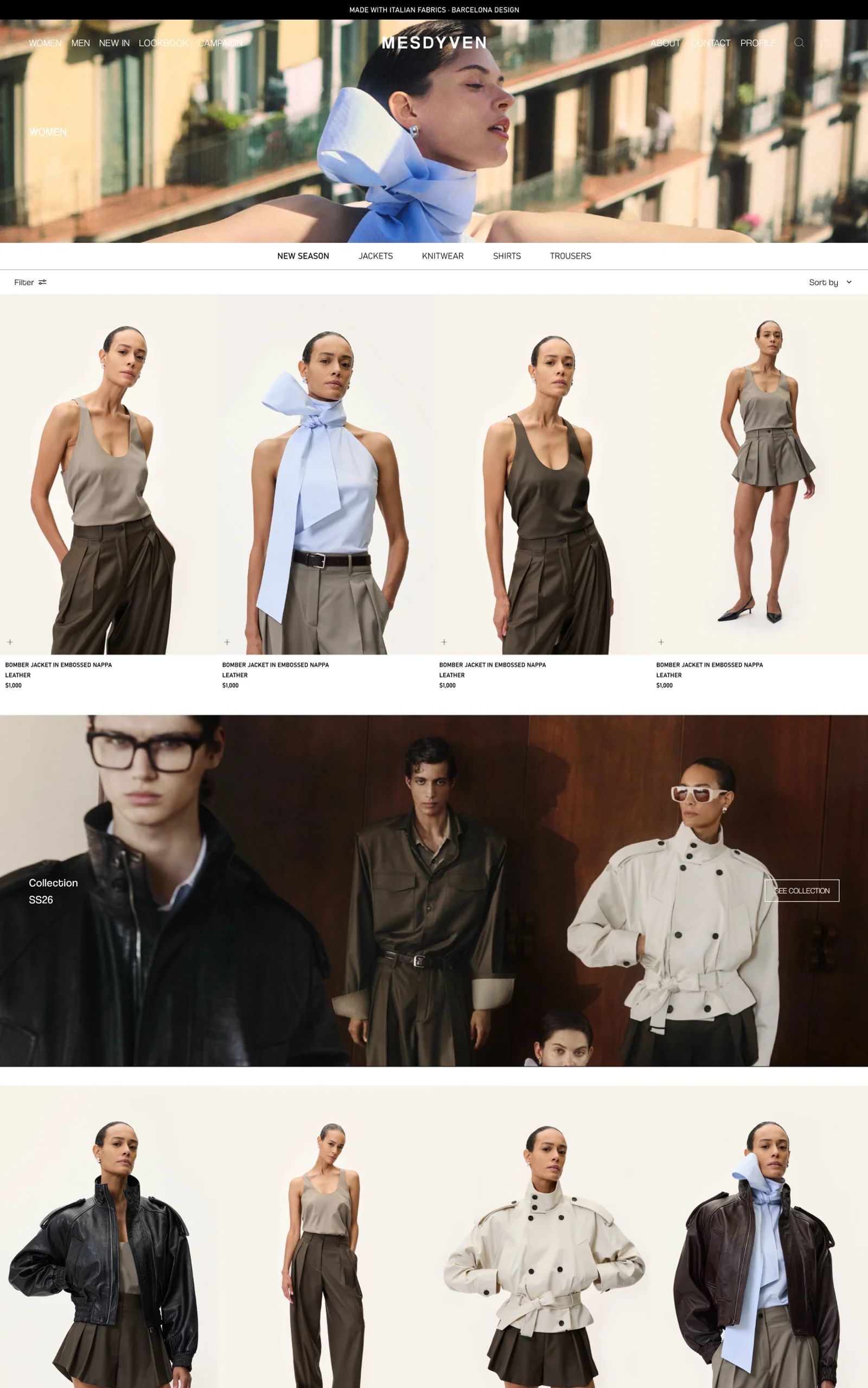 Colección de mujer en desktop: hero bajo, filtros por categoría, grilla de productos y banner de la colección SS26 entre las filas