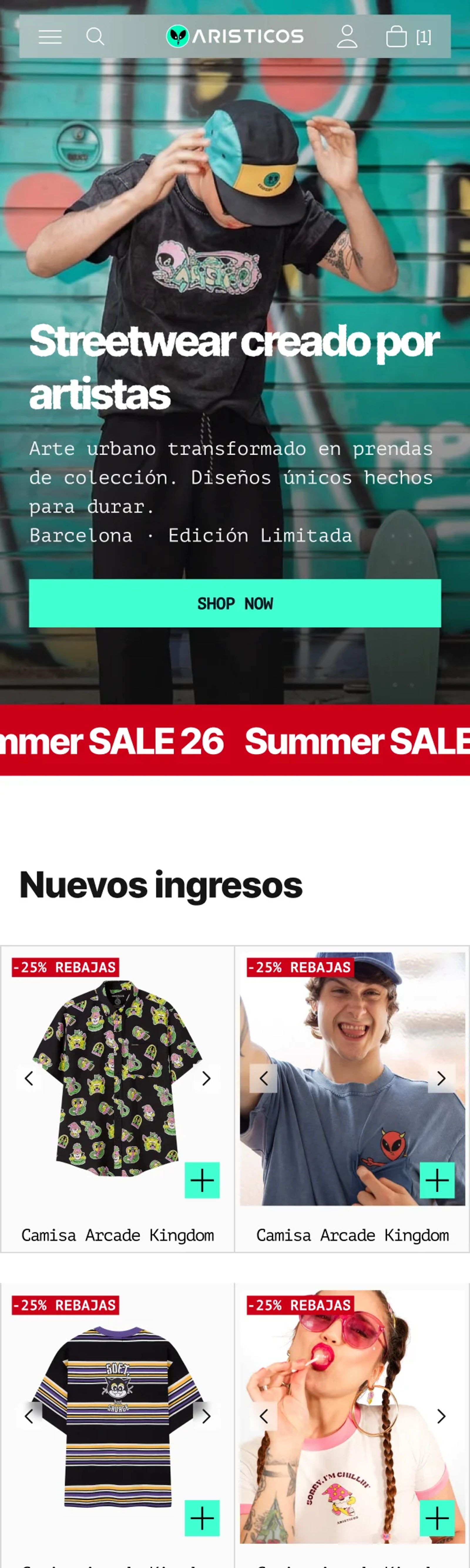 Home de Arísticos en mobile: hero con botón Shop now a ancho completo, cinta roja de Summer Sale y nuevos ingresos en dos columnas con botón para agregar