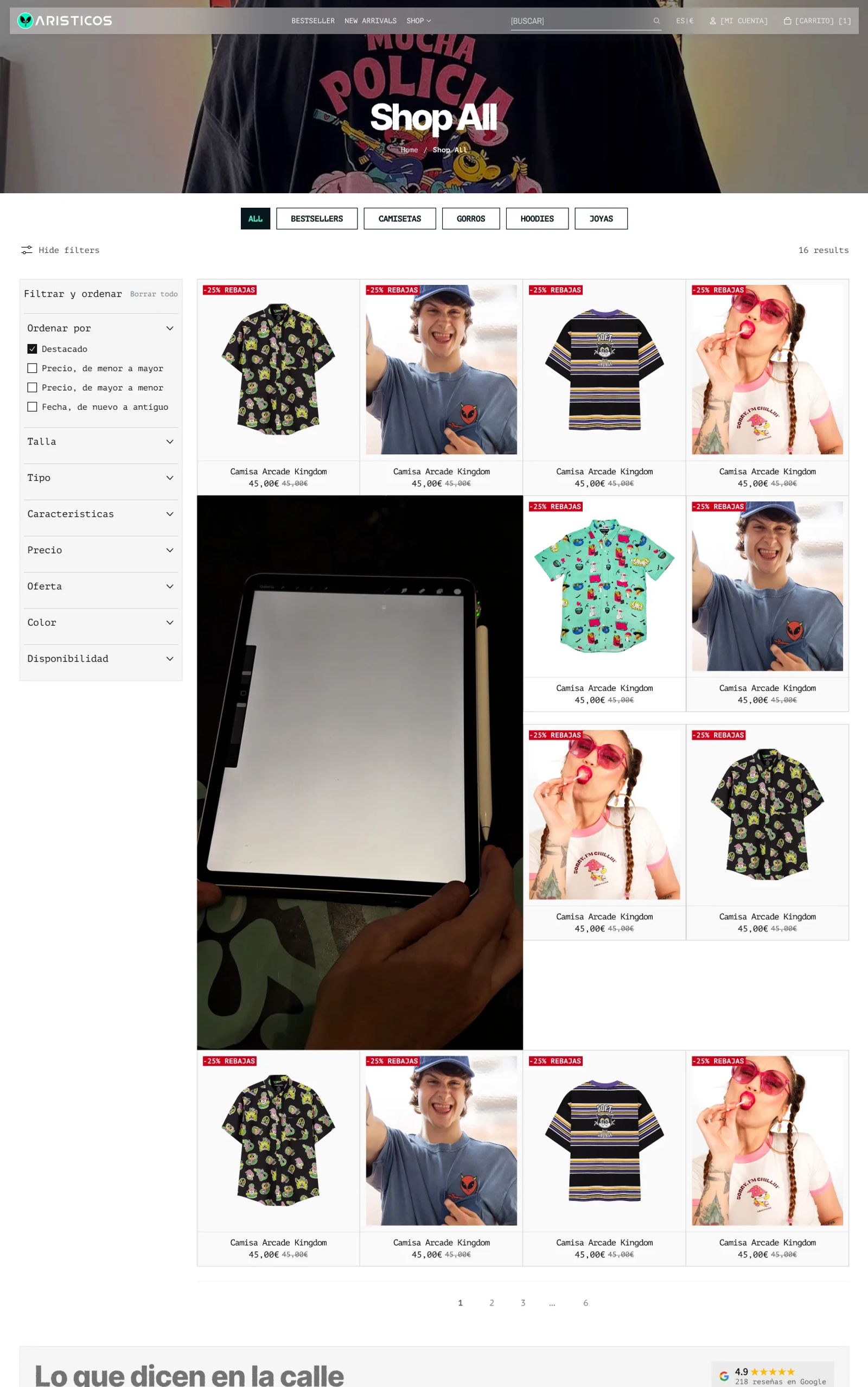 Colección Shop All en desktop: hero bajo con título, filtros por categoría, panel de filtrar y ordenar a la izquierda y grilla de camisas con etiqueta de rebajas