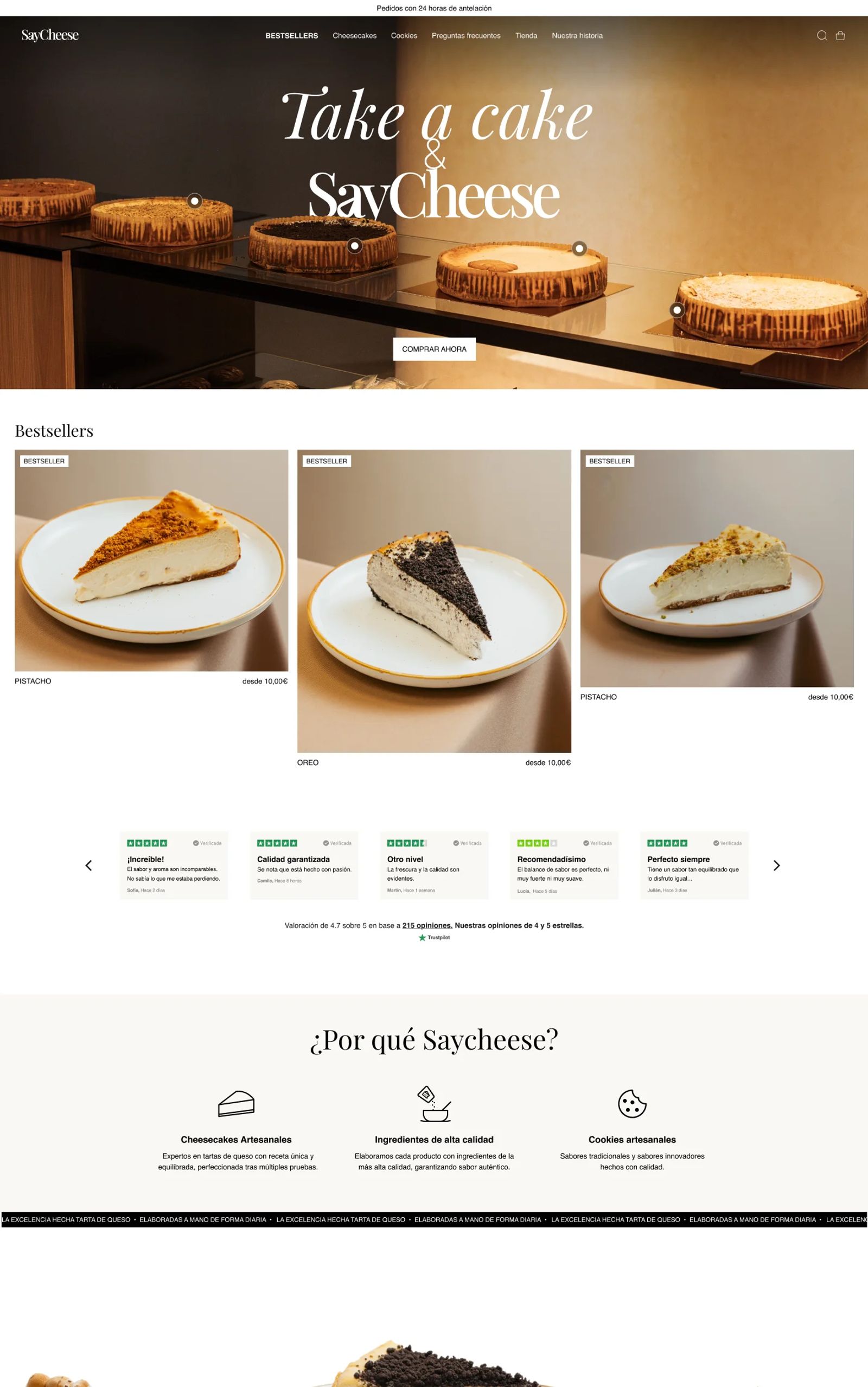 Home de Saycheese en desktop: hero «Take a cake», bestsellers con precio, reseñas de Trustpilot, bloque «¿Por qué Saycheese?» y carrusel de cheesecakes