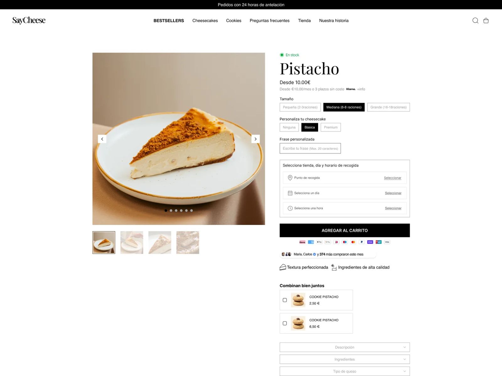 Personalización del cheesecake en desktop: tamaño mediano, decoración básica, campo de frase personalizada de hasta 20 caracteres y bloque para elegir punto, día y hora de recogida