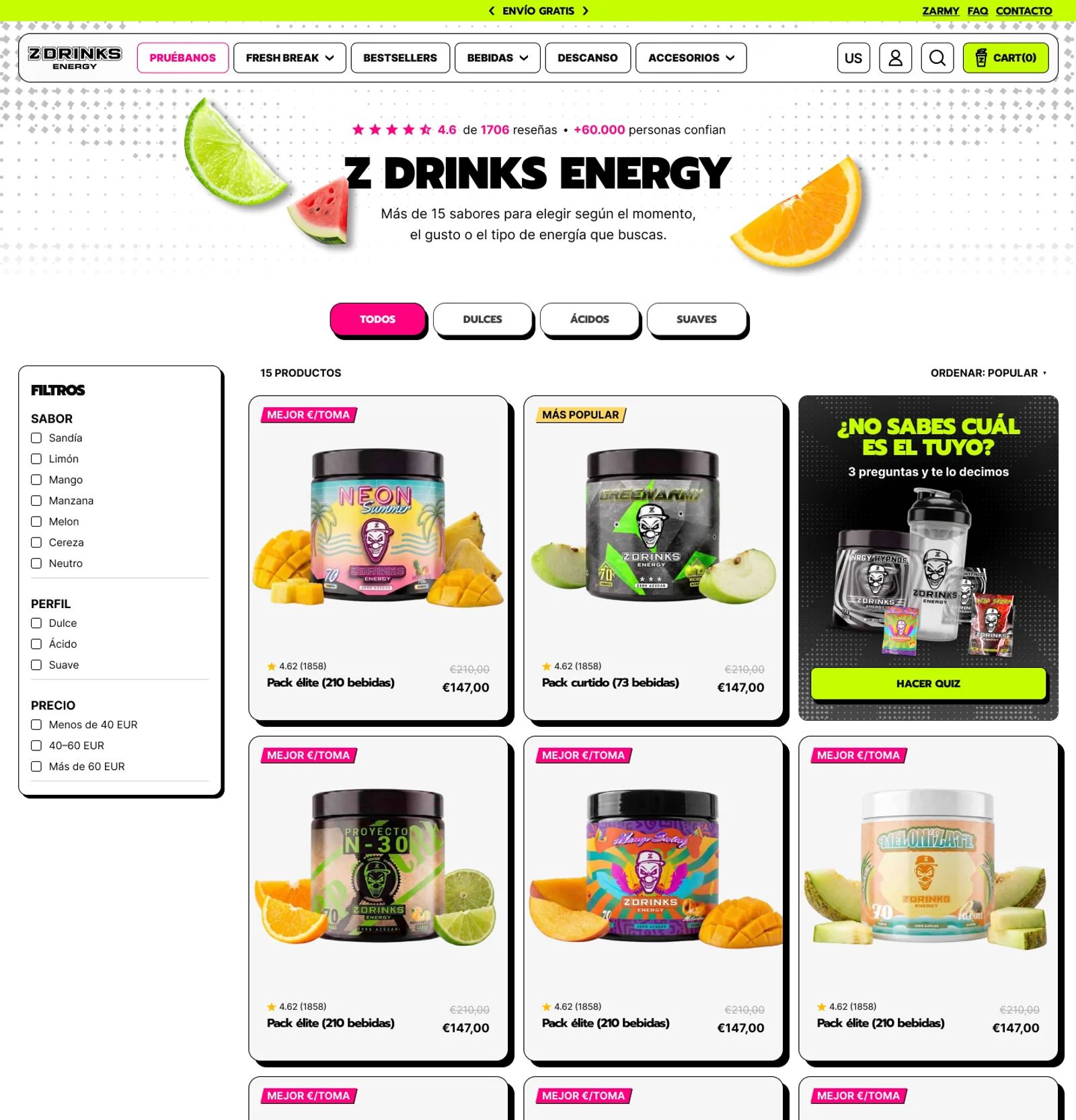 Colección Z Drinks Energy: filtros por sabor, perfil y precio, grilla de packs con valoraciones y descuento, y banner del quiz «¿No sabes cuál es el tuyo?»