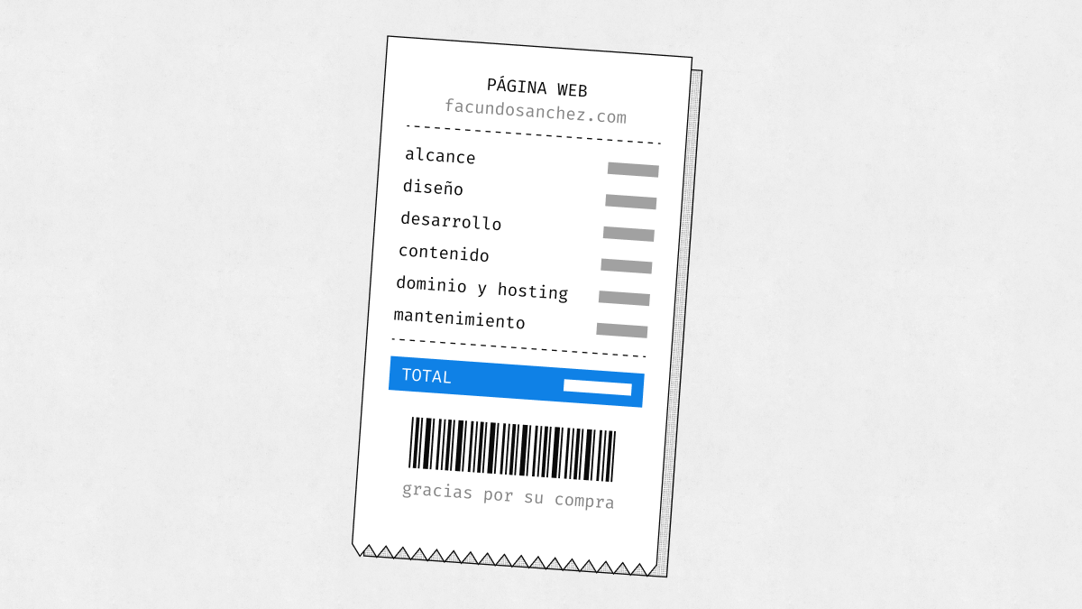 Ticket de supermercado de una página web con alcance, diseño, desarrollo, contenido, dominio y mantenimiento, y el total en azul.