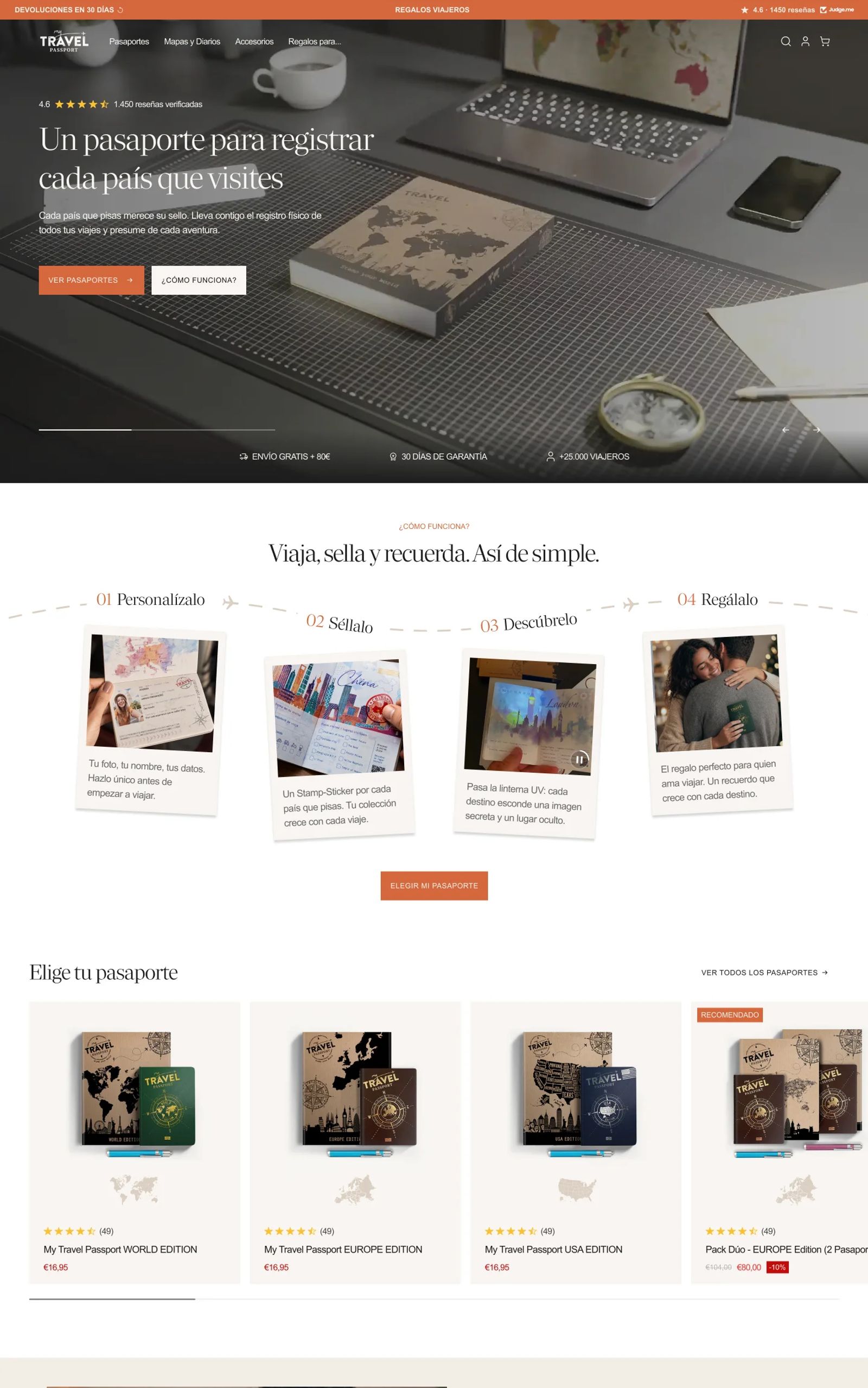 Home de MyTravelPassport en desktop: hero «Un pasaporte para registrar cada país que visites», sección «Viaja, sella y recuerda» en cuatro pasos y selector de pasaportes con valoraciones