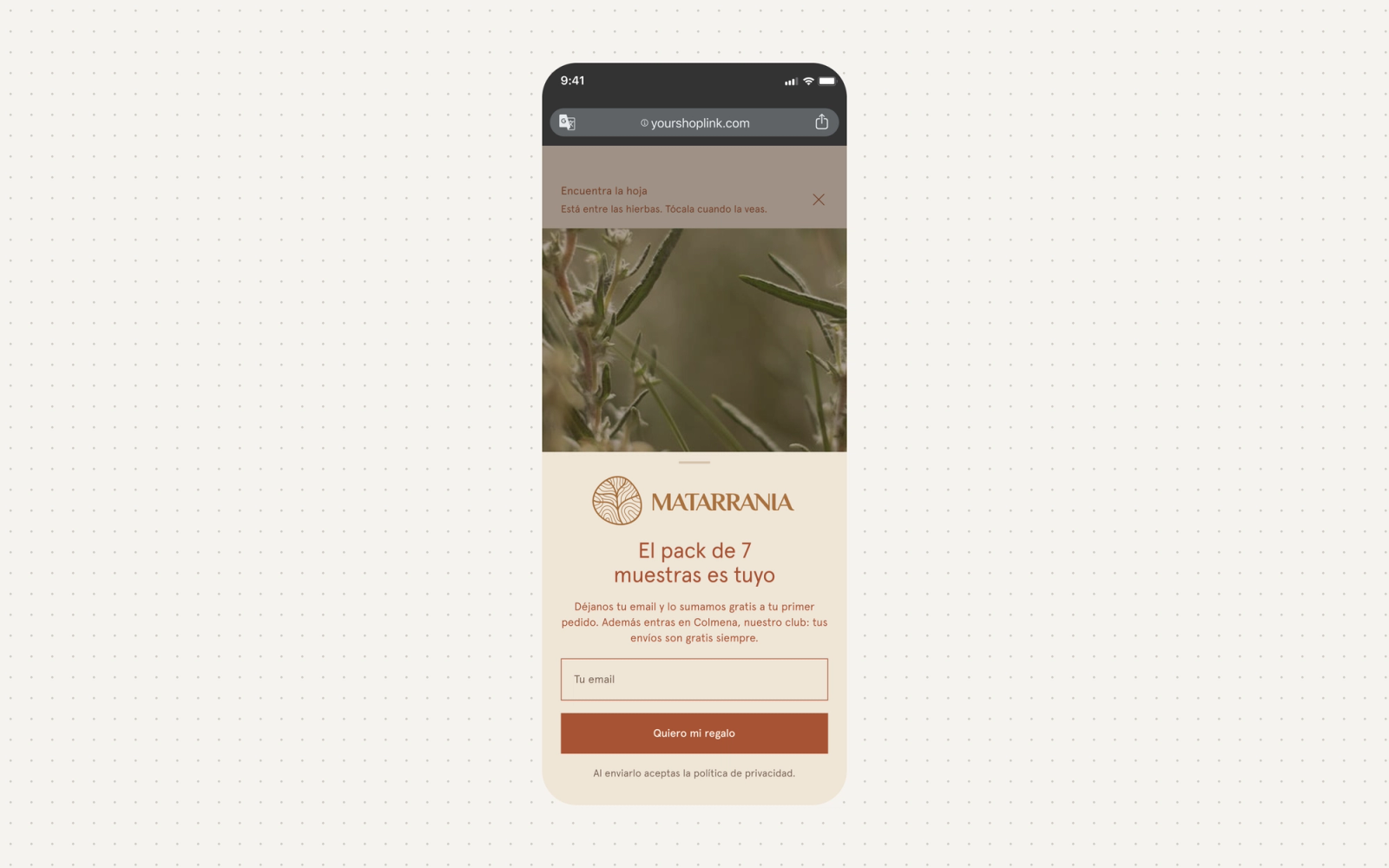 Pantalla del minijuego en un iPhone: el pack de 7 muestras es tuyo, con el campo de email