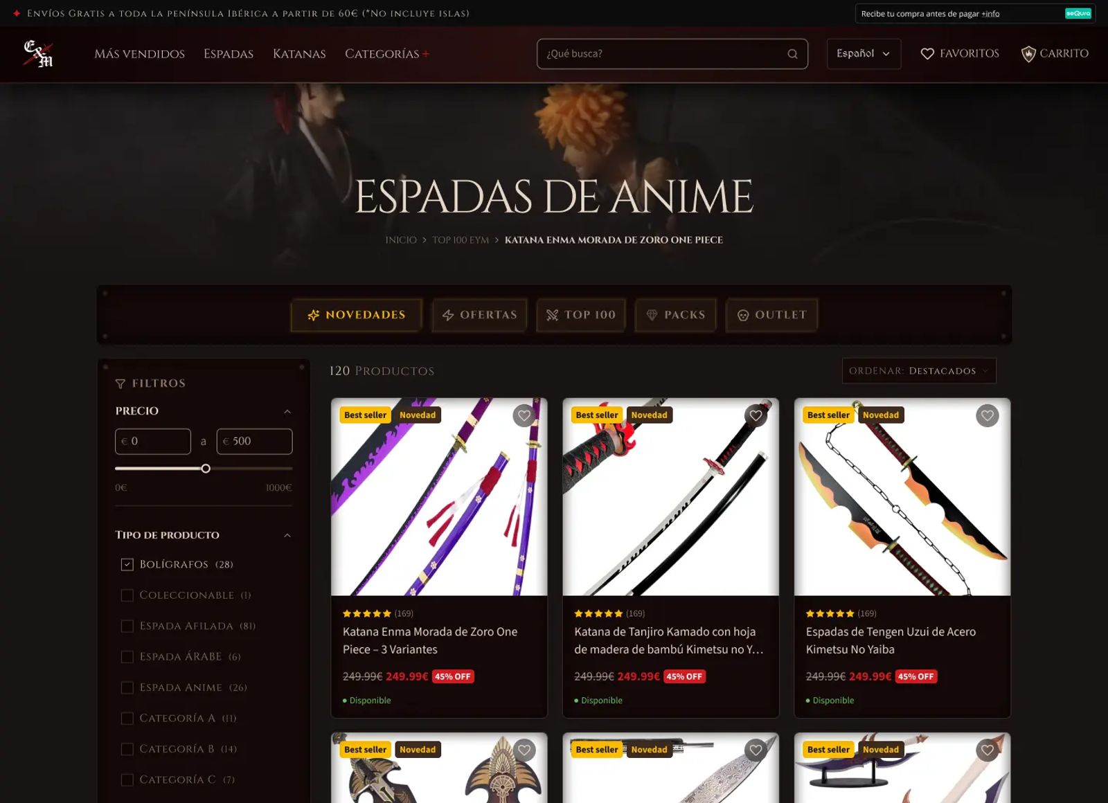 Colección «Espadas de anime»: accesos a Novedades, Ofertas, Top 100, Packs y Outlet, filtros por precio y tipo, y grilla de productos con reseñas y descuento