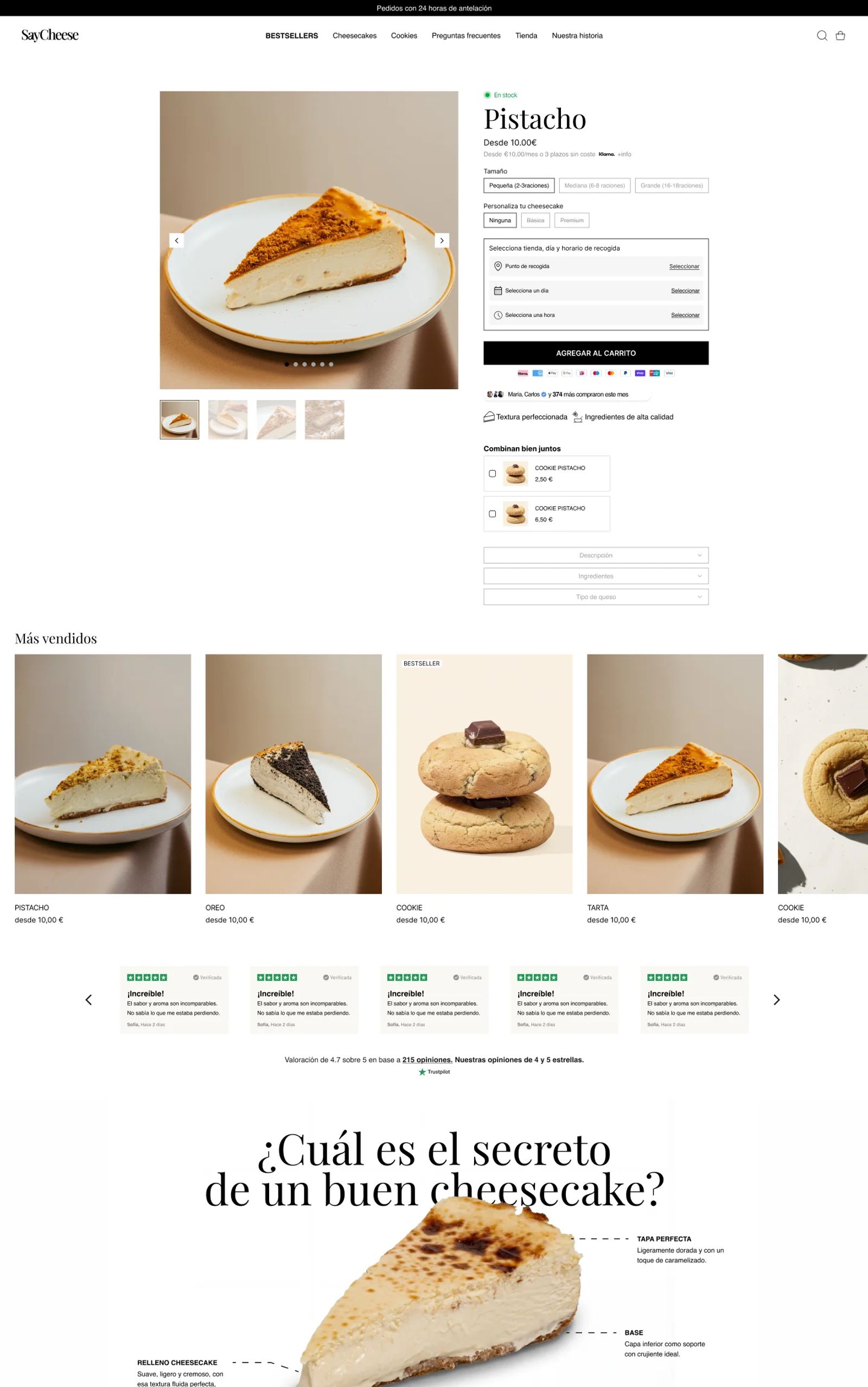 Ficha de producto en desktop: galería, tamaño y personalización del cheesecake, selección de punto, día y hora de recogida, productos que combinan bien y más vendidos