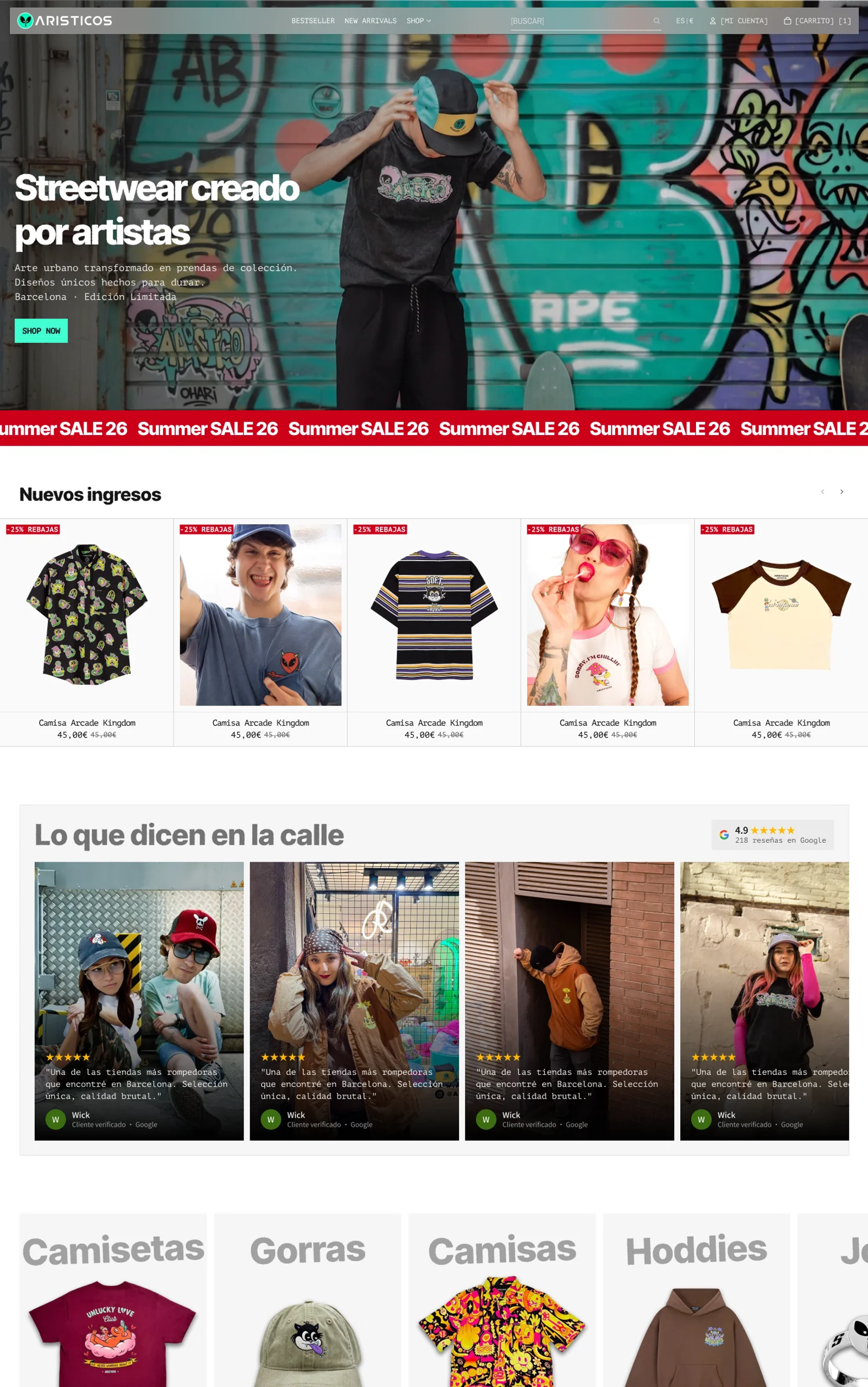 Home de Arísticos en desktop: hero «Streetwear creado por artistas» con botón Shop now, cinta roja de Summer Sale, carrusel de nuevos ingresos, reseñas de clientes y accesos por categoría