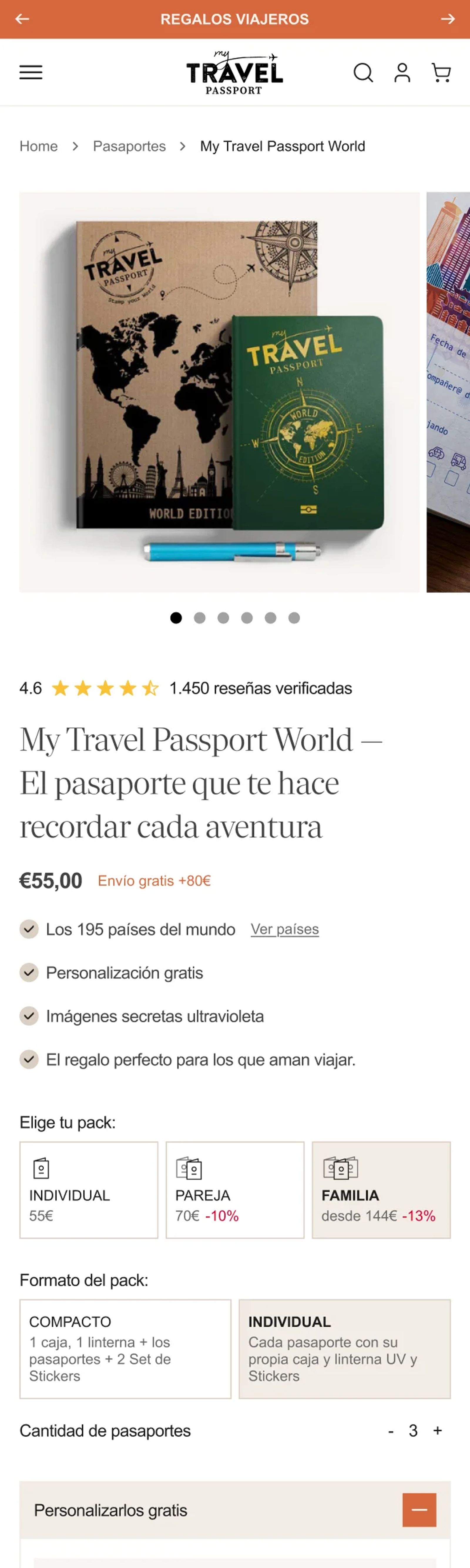 Ficha de producto en mobile: galería del pasaporte World, beneficios, selector de pack individual, pareja o familia, formato compacto o individual y cantidad de pasaportes