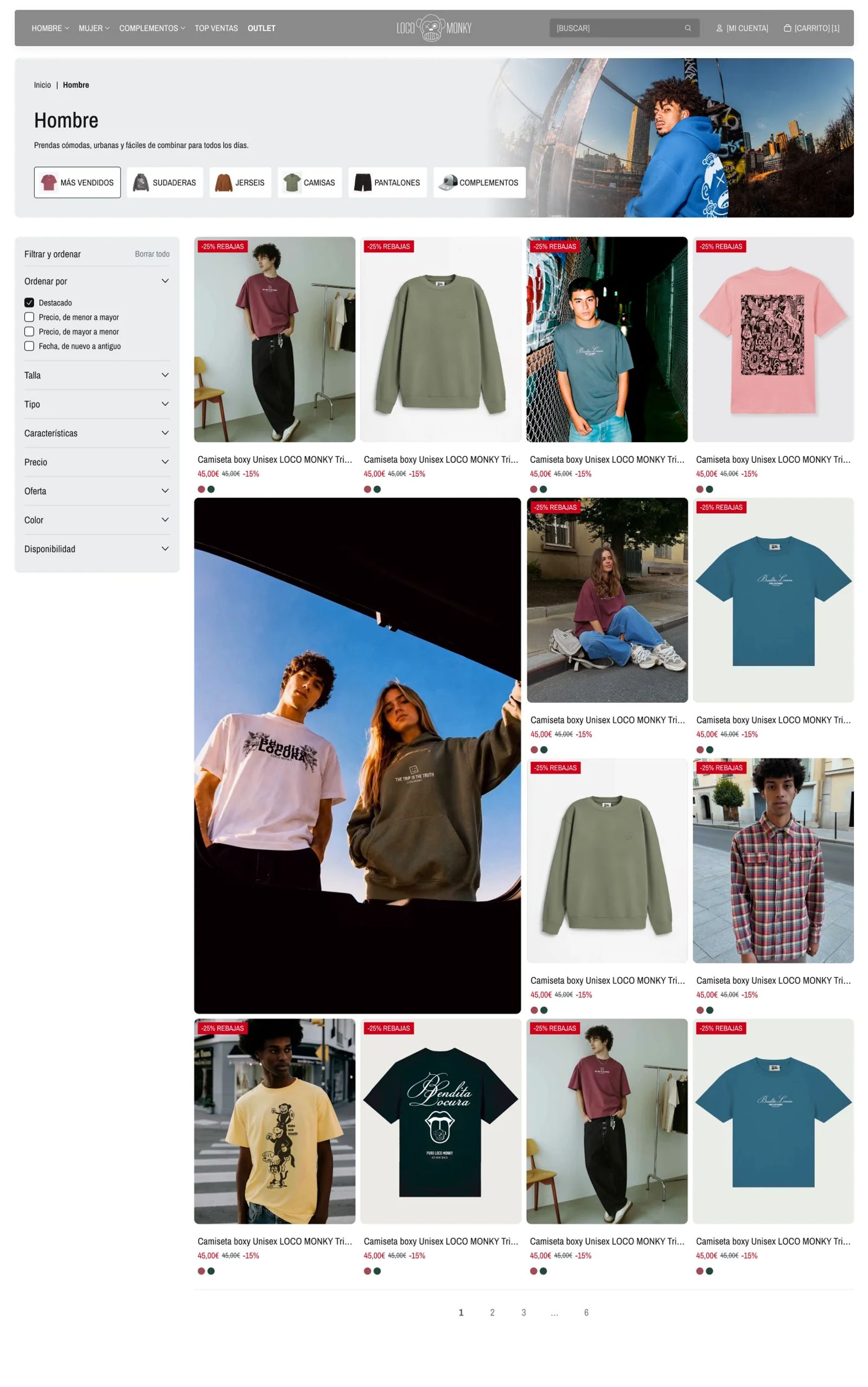 Colección Hombre en desktop: cabecera con accesos por categoría, filtros laterales (ordenar, talla, tipo, características, precio, oferta, color) y grilla de productos con etiquetas de rebajas y una foto de campaña intercalada