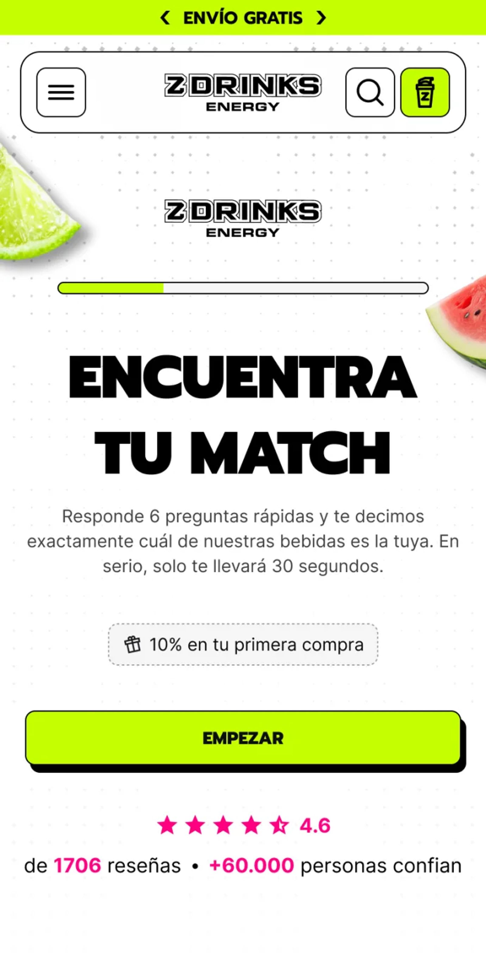 Inicio del quiz «Encuentra tu match» en mobile, con barra de progreso, botón Empezar y reseñas de la marca