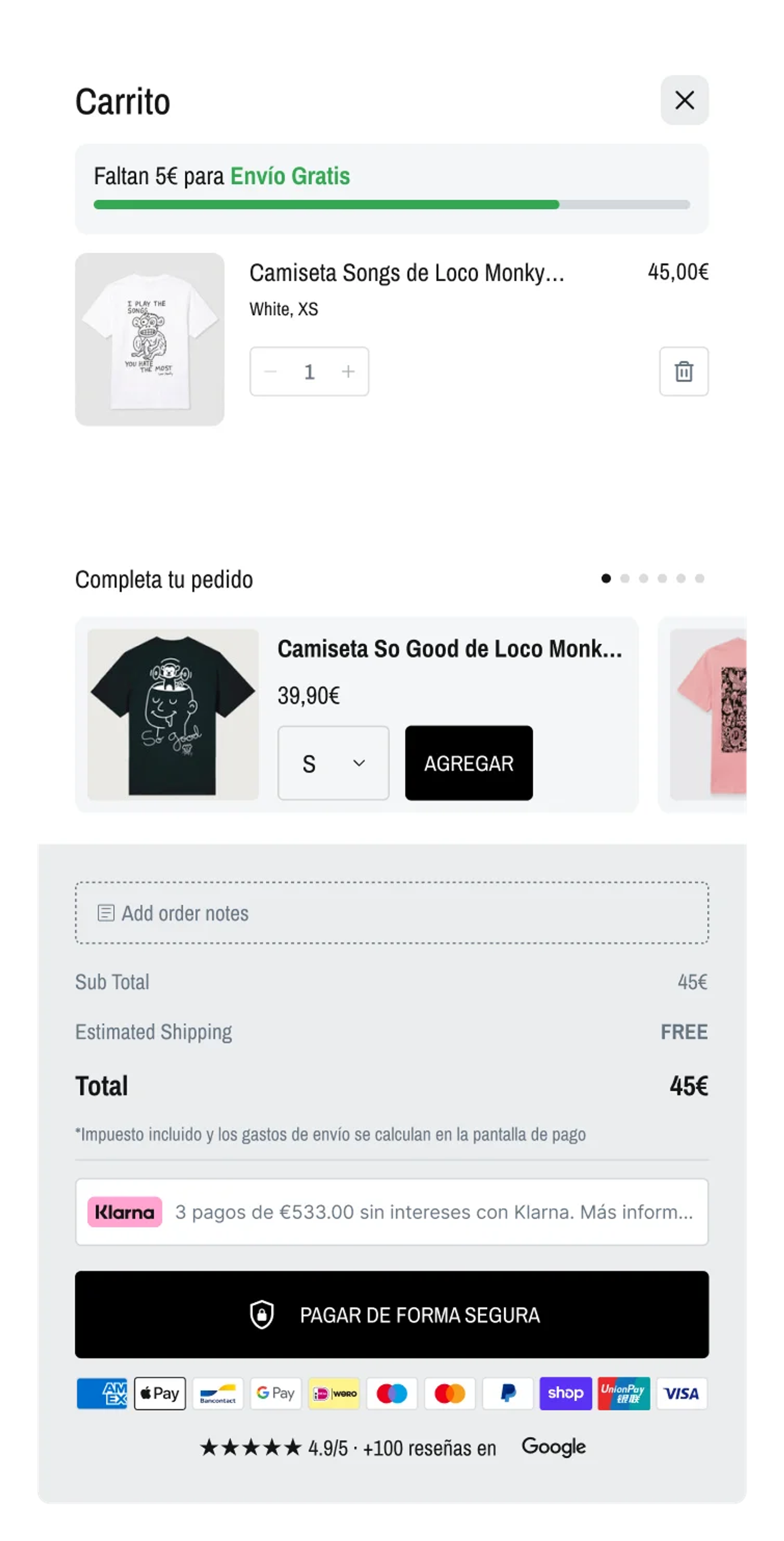 Carrito lateral: barra de progreso hacia el envío gratis, producto con cantidad, sugerencia «Completa tu pedido», resumen del pedido, opción de pago en cuotas y botón de pago seguro