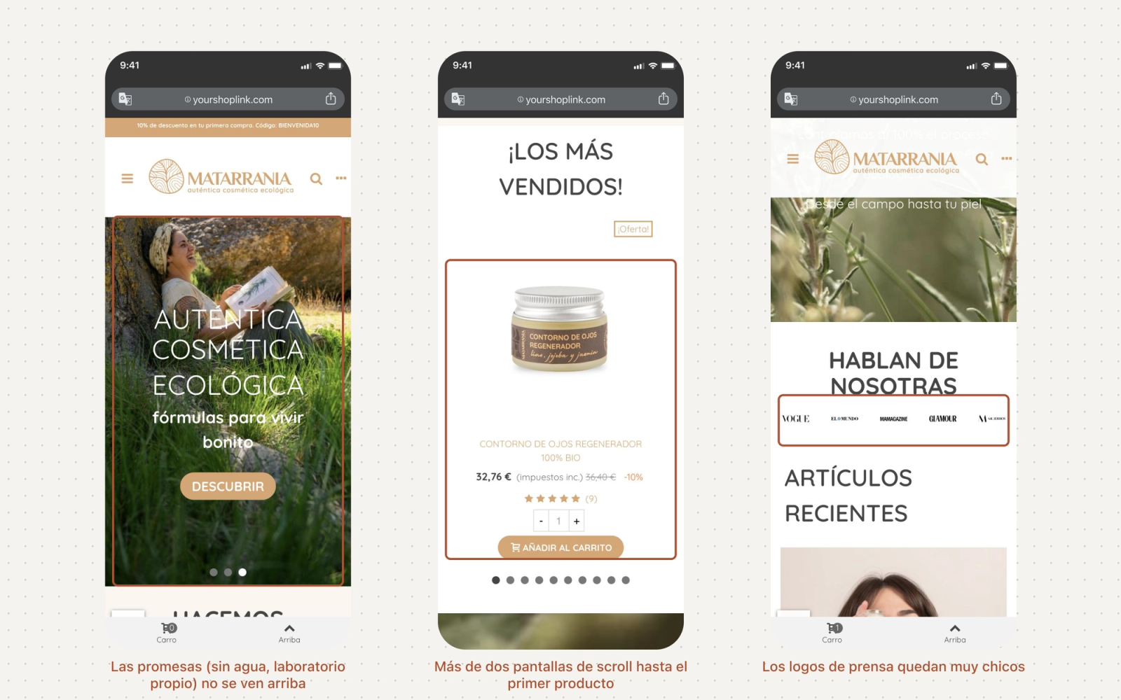 Tres iPhones con la home actual de Matarrania marcada: promesas que no se ven arriba, mucho scroll hasta el primer producto y logos de prensa muy chicos
