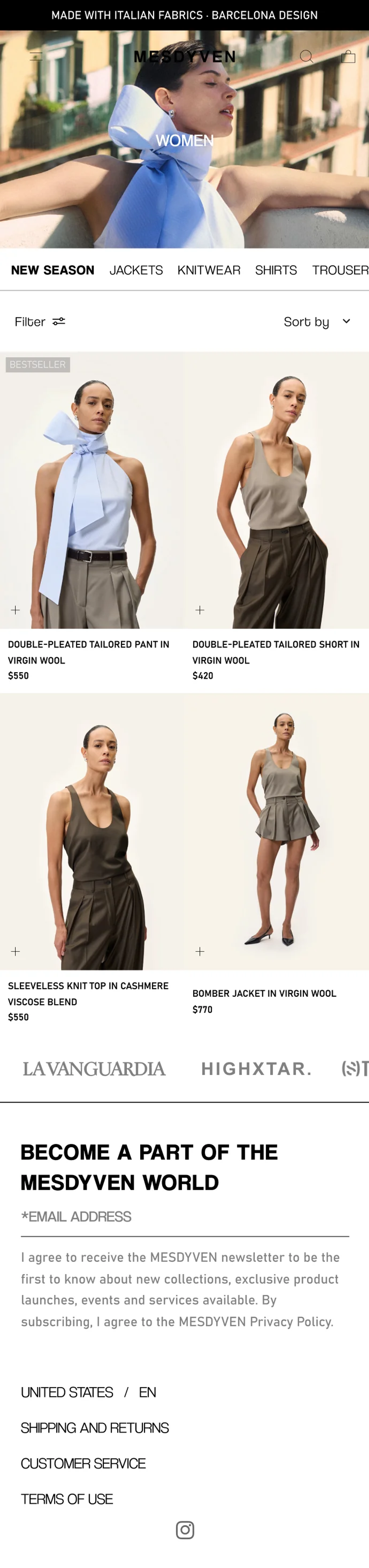 Colección de mujer en mobile con hero de campaña, categorías, filtros y productos con etiqueta de más vendido