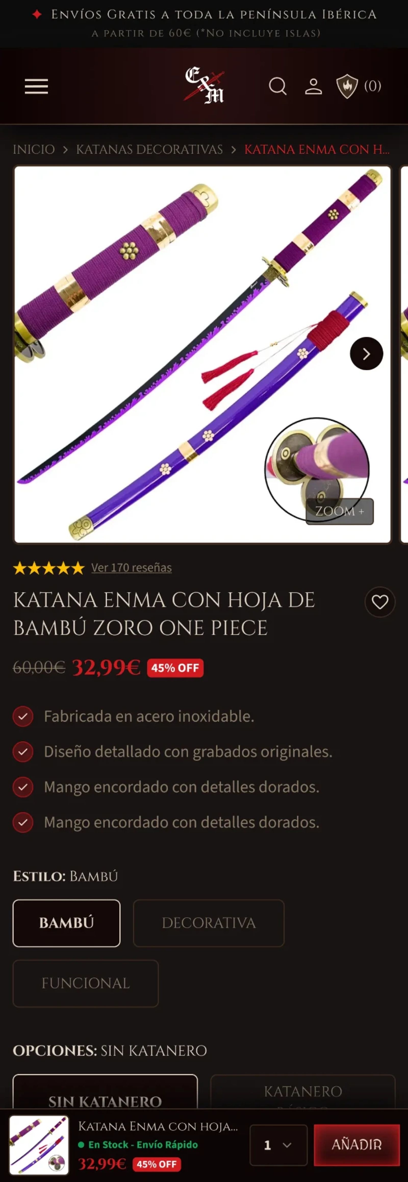 Ficha de producto en mobile: Katana Enma de Zoro (One Piece) con galería, reseñas, precio con descuento, variantes de estilo y barra fija para añadir al carrito