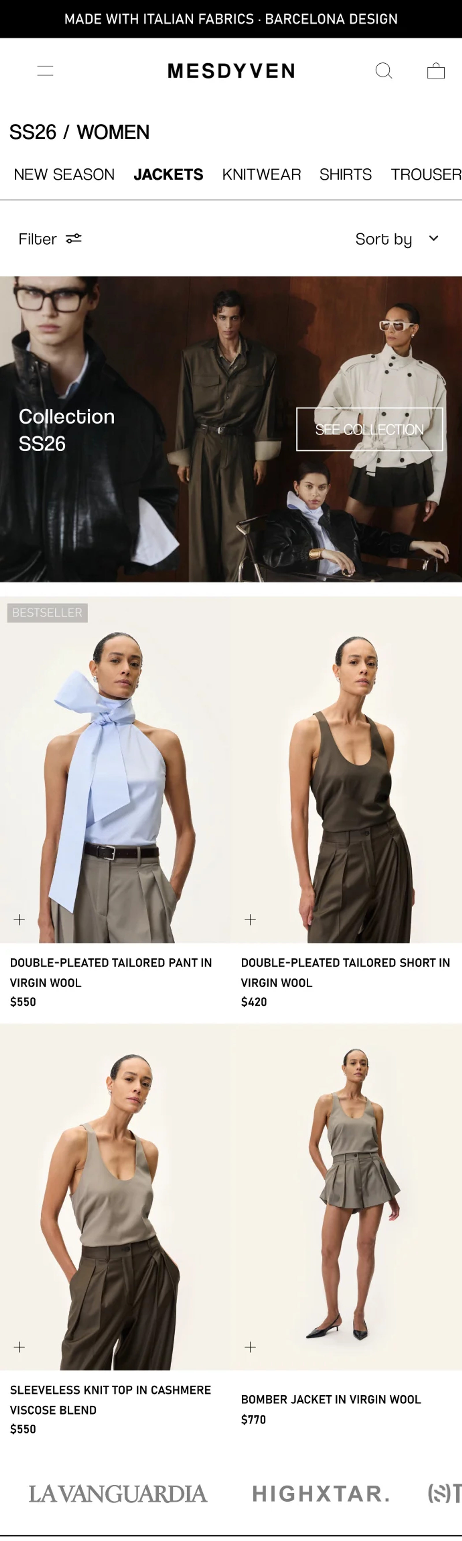 Colección en mobile dentro de Jackets: filtros a la vista, banner de la colección SS26 y etiqueta «Bestseller» en los productos