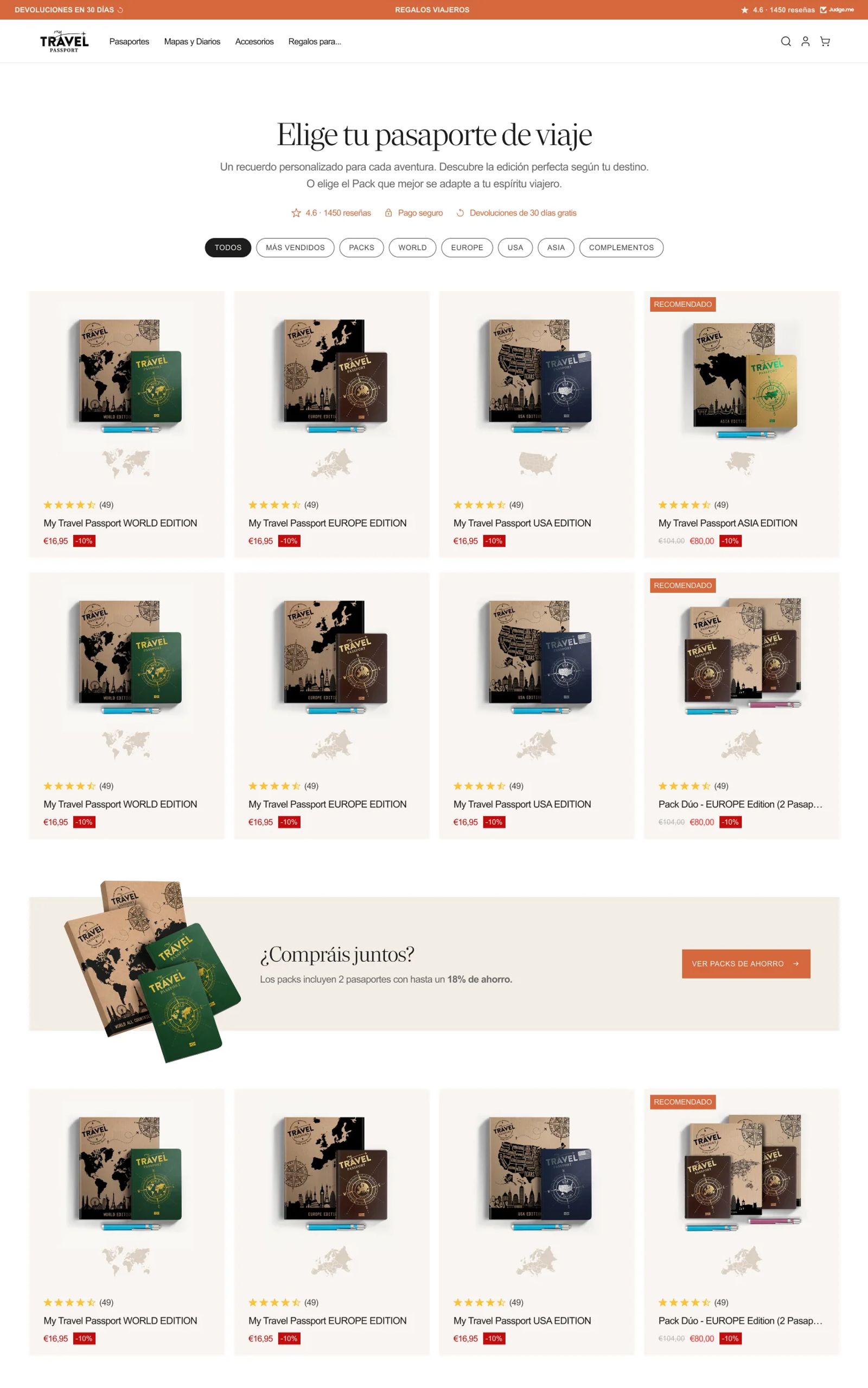 Colección «Elige tu pasaporte de viaje» en desktop: filtros por edición, grilla de pasaportes y packs con descuento y banner «¿Compráis juntos?» de packs de ahorro