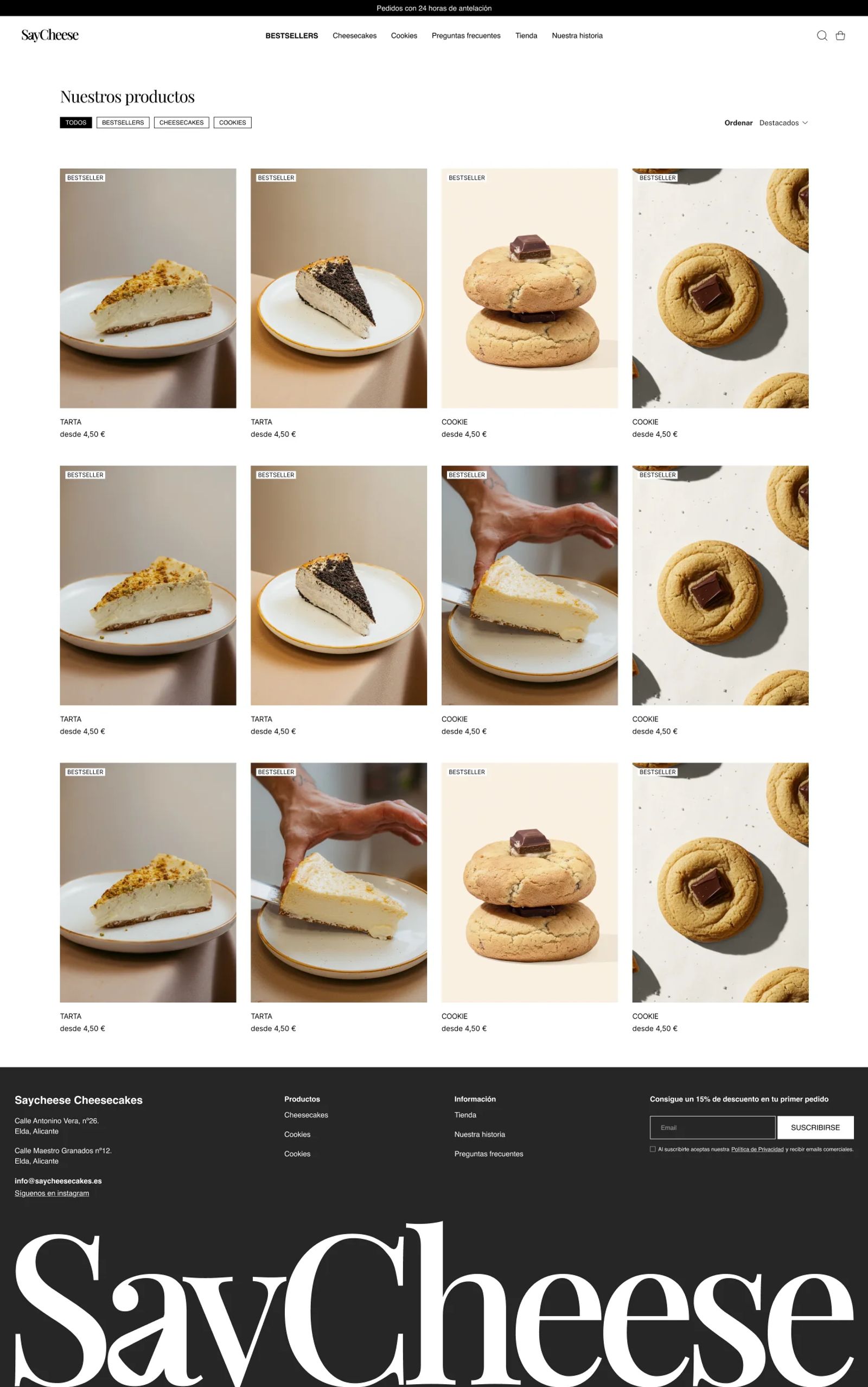 Colección «Nuestros productos» en desktop: filtros Todos, Bestsellers, Cheesecakes y Cookies, selector de orden y grilla de tartas y cookies con su precio