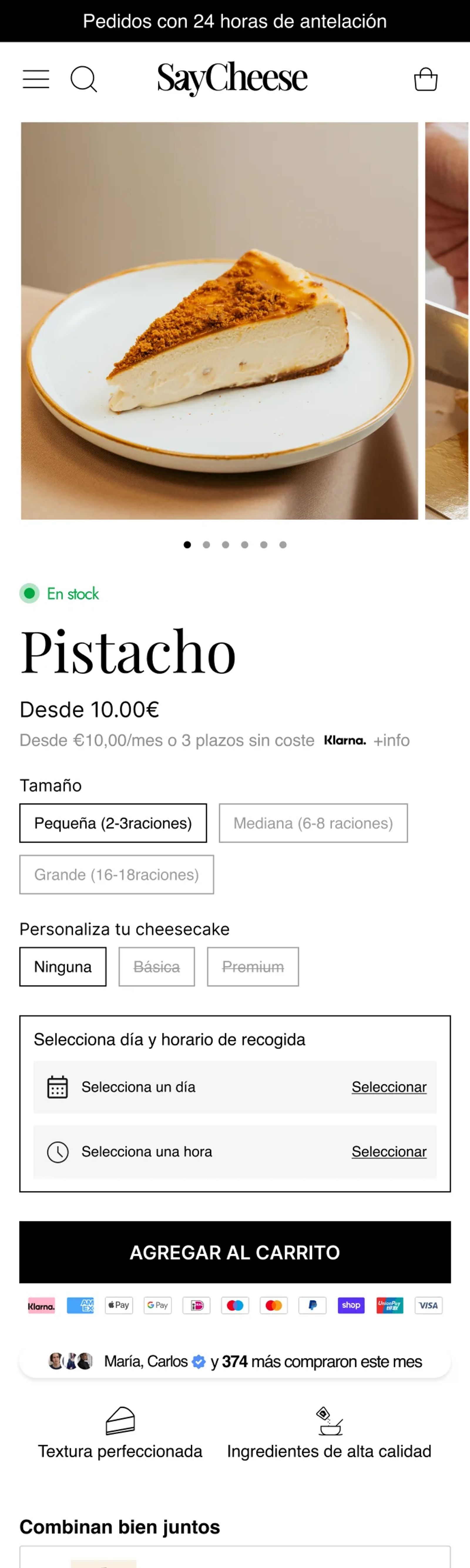 Ficha de producto en mobile: cheesecake de pistacho, selector de tamaño y de personalización, bloque de recogida con día y hora, botón Agregar al carrito y productos que combinan bien