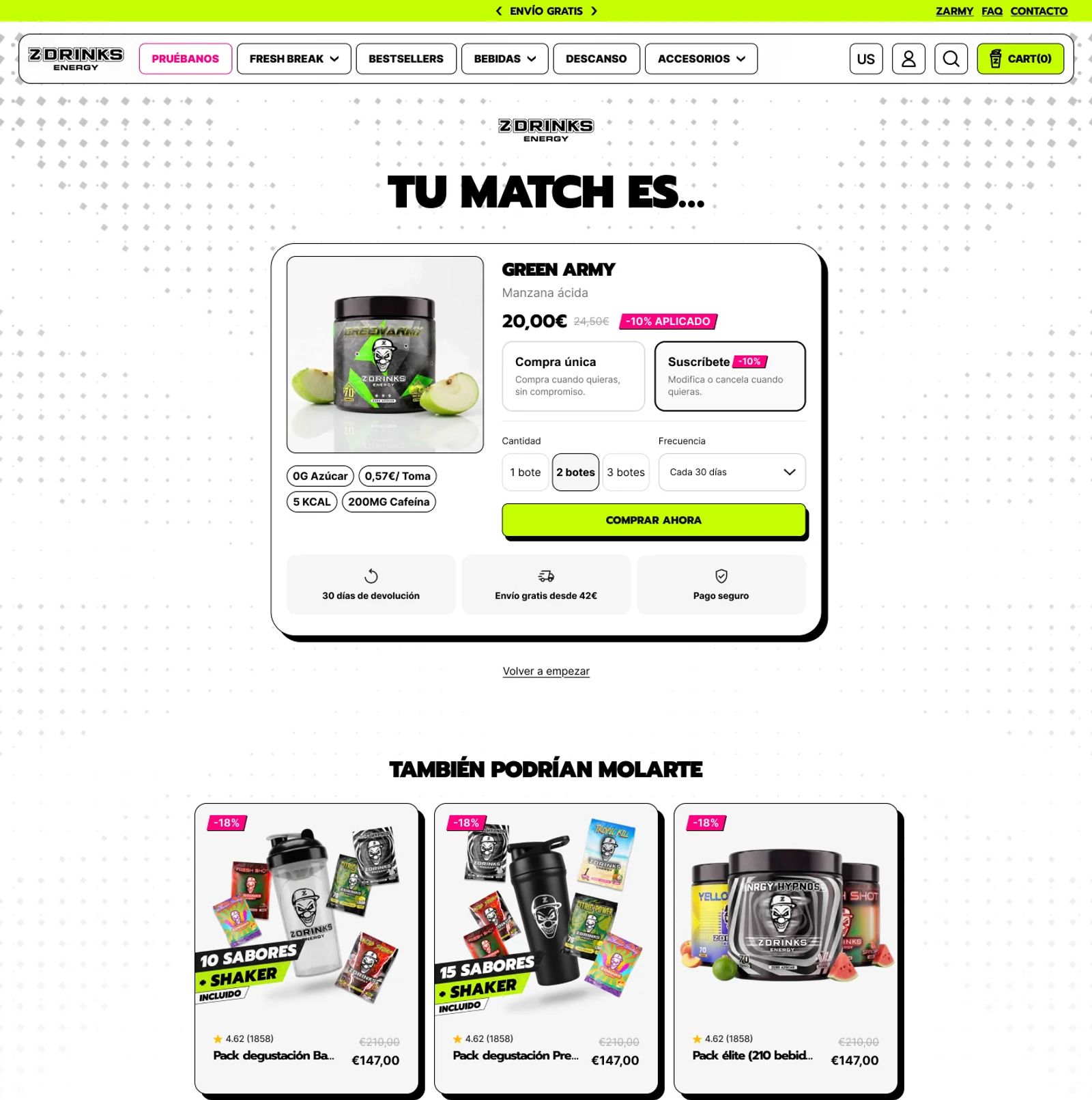 Resultado del quiz «Tu match es…»: producto recomendado con compra única o suscripción, cantidad, frecuencia y otros packs que podrían gustarte