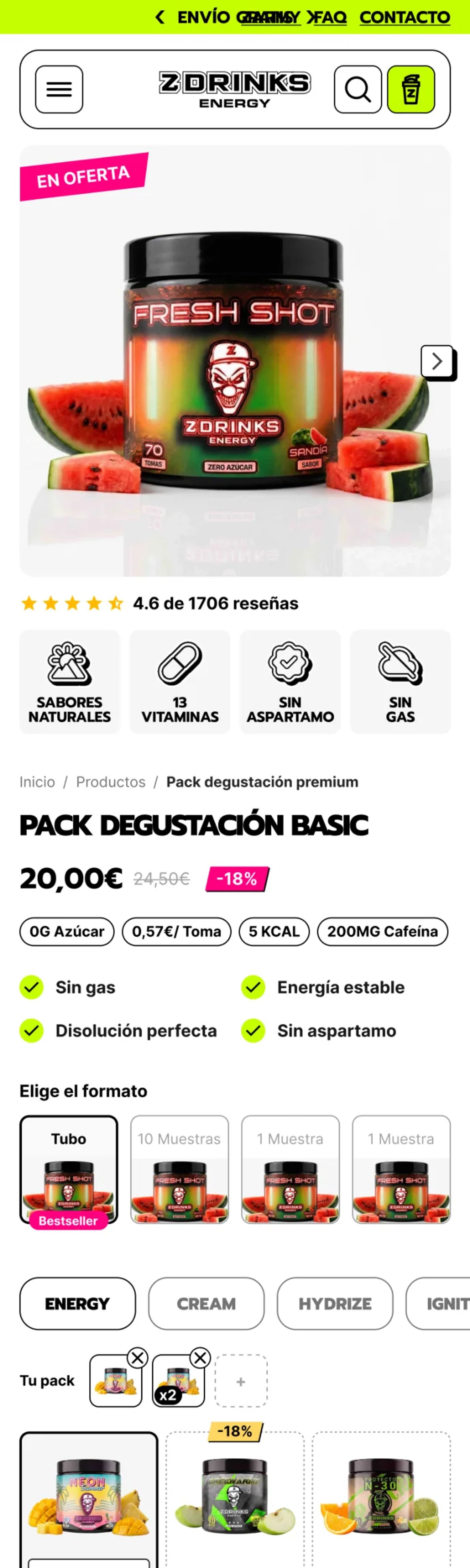 Ficha de producto en mobile: formatos (tubo, 10 muestras, 1 muestra), pestañas por línea, «Tu pack» con los sabores añadidos y grilla de sabores con botón Añadir