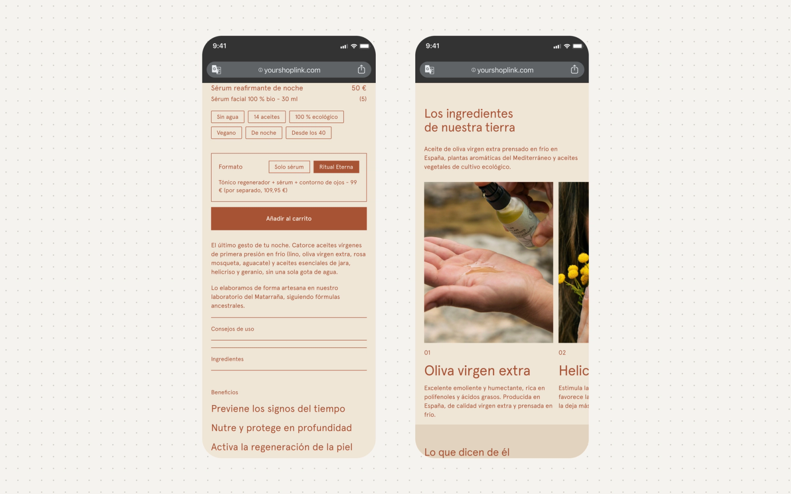 Ficha rediseñada en dos iPhones: selector de formato entre sérum y ritual, y bloques de ingredientes