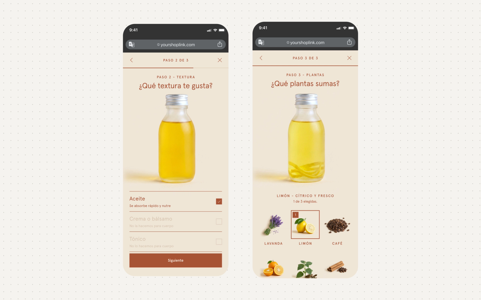Constructor en dos iPhones: paso de elegir textura y paso de elegir plantas