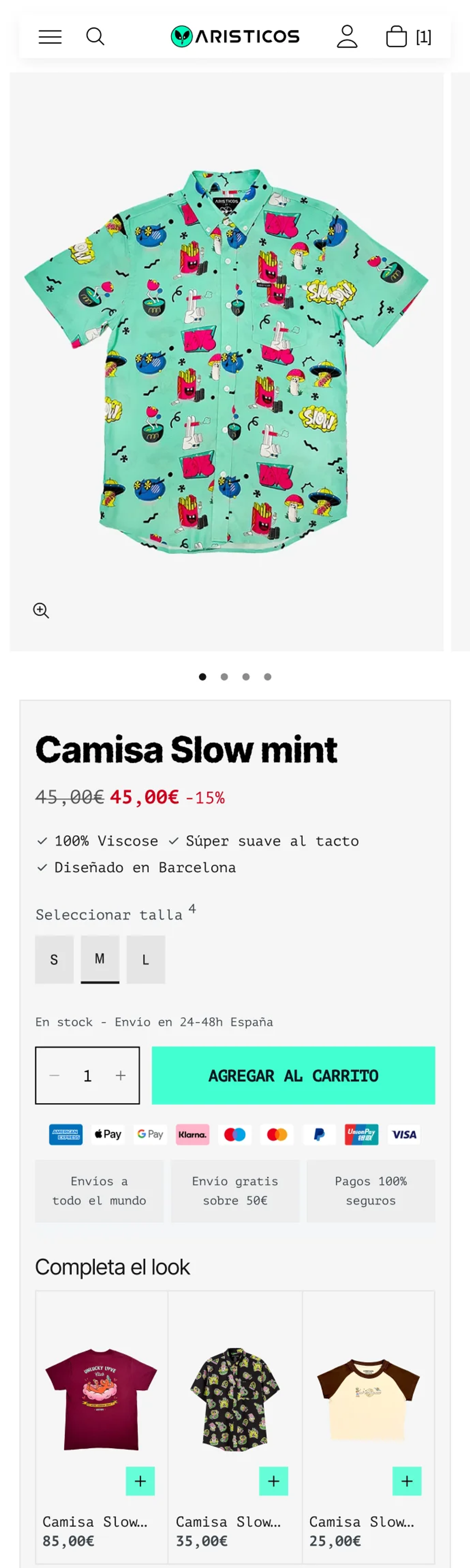Ficha de producto en mobile con galería, selector de talla, botón de agregar al carrito y bloques de información