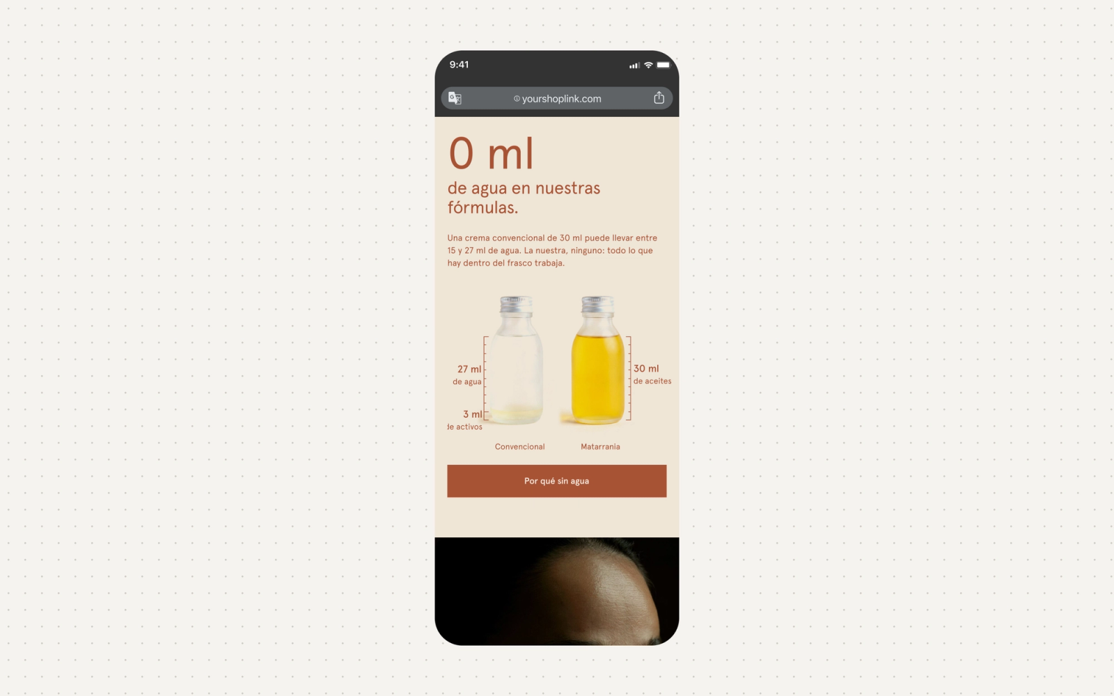 Sección sin agua de la home rediseñada en un iPhone: 0 ml de agua, frasco convencional contra frasco de Matarrania