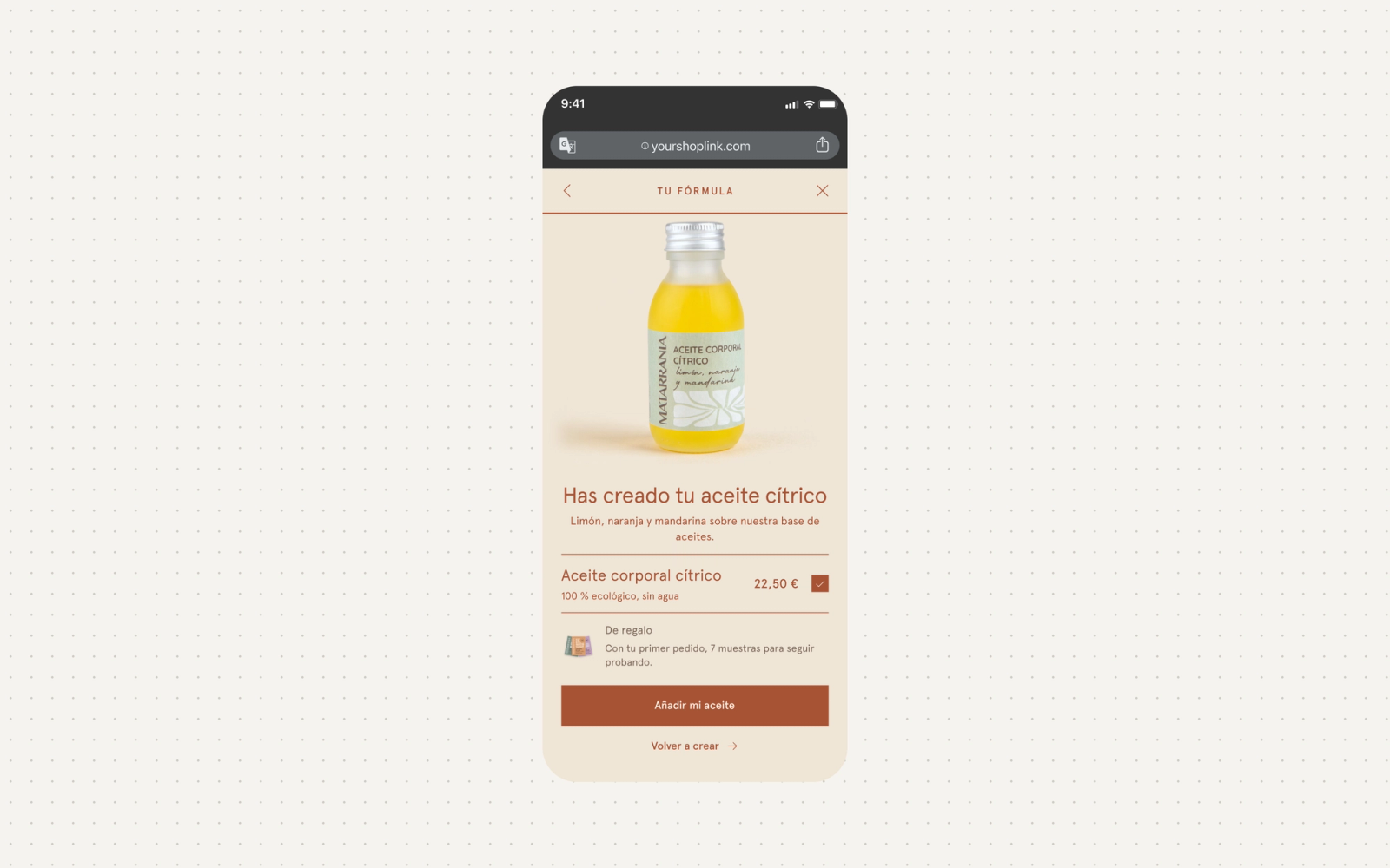 Pantalla final del constructor en un iPhone: has creado tu aceite cítrico, con precio y muestras de regalo