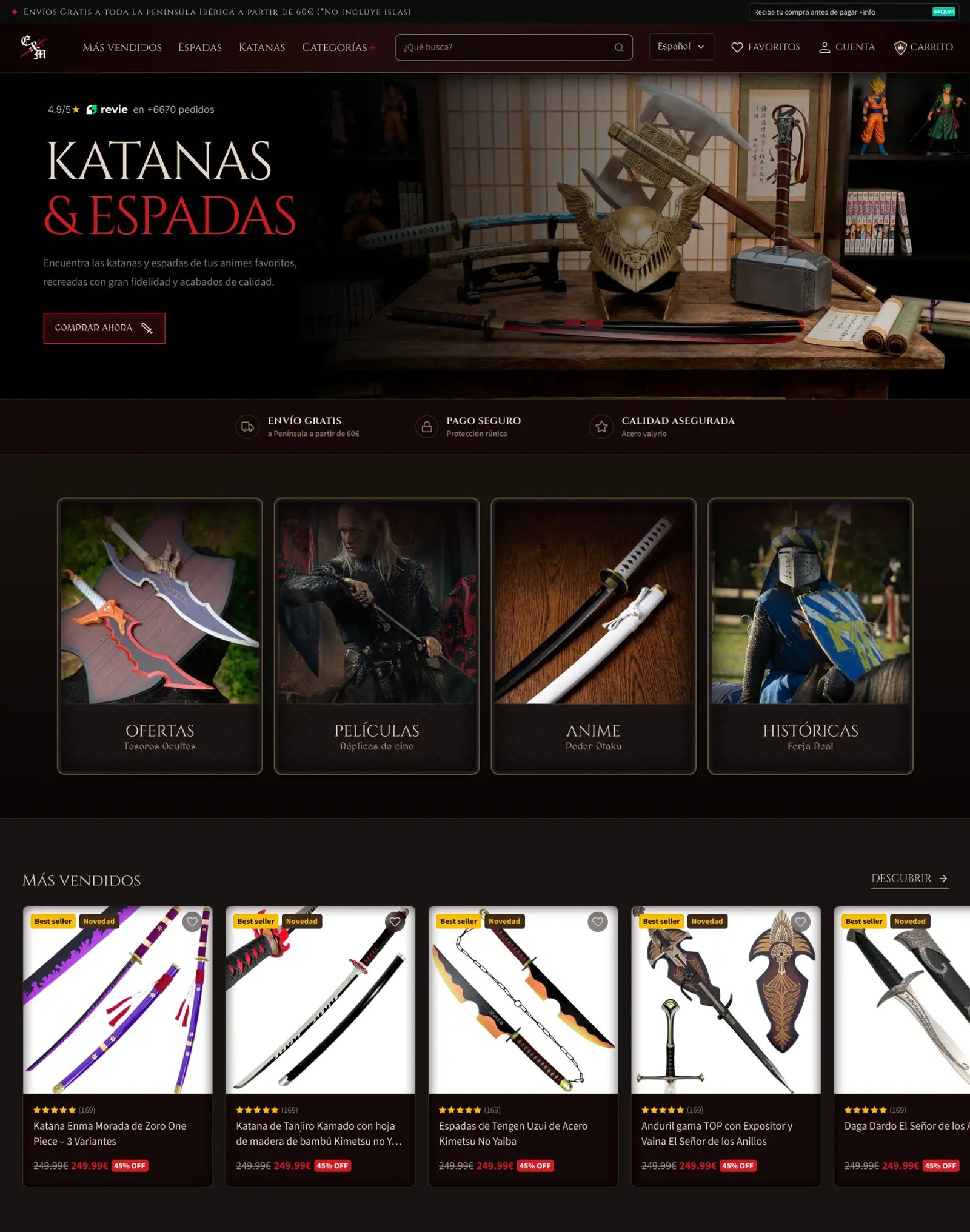 Home de Espadas y Más: hero «Katanas & Espadas», envío gratis y pago seguro, categorías (Ofertas, Películas, Anime, Históricas) y carrusel de más vendidos