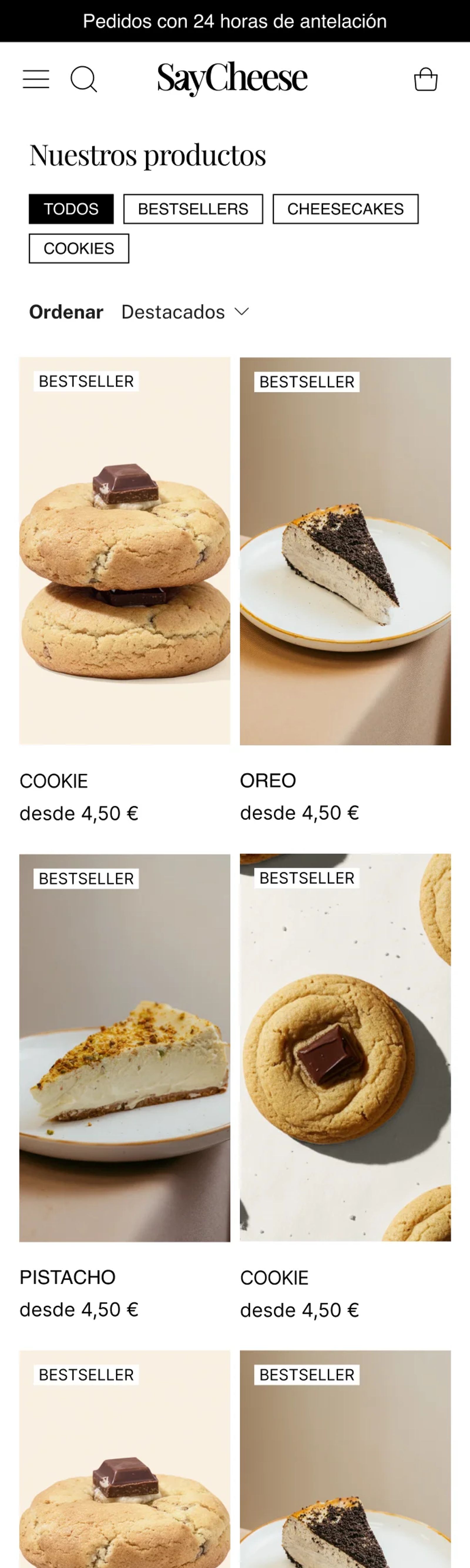 Colección en mobile: filtros en fila, selector de orden y grilla de dos columnas con tartas y cookies