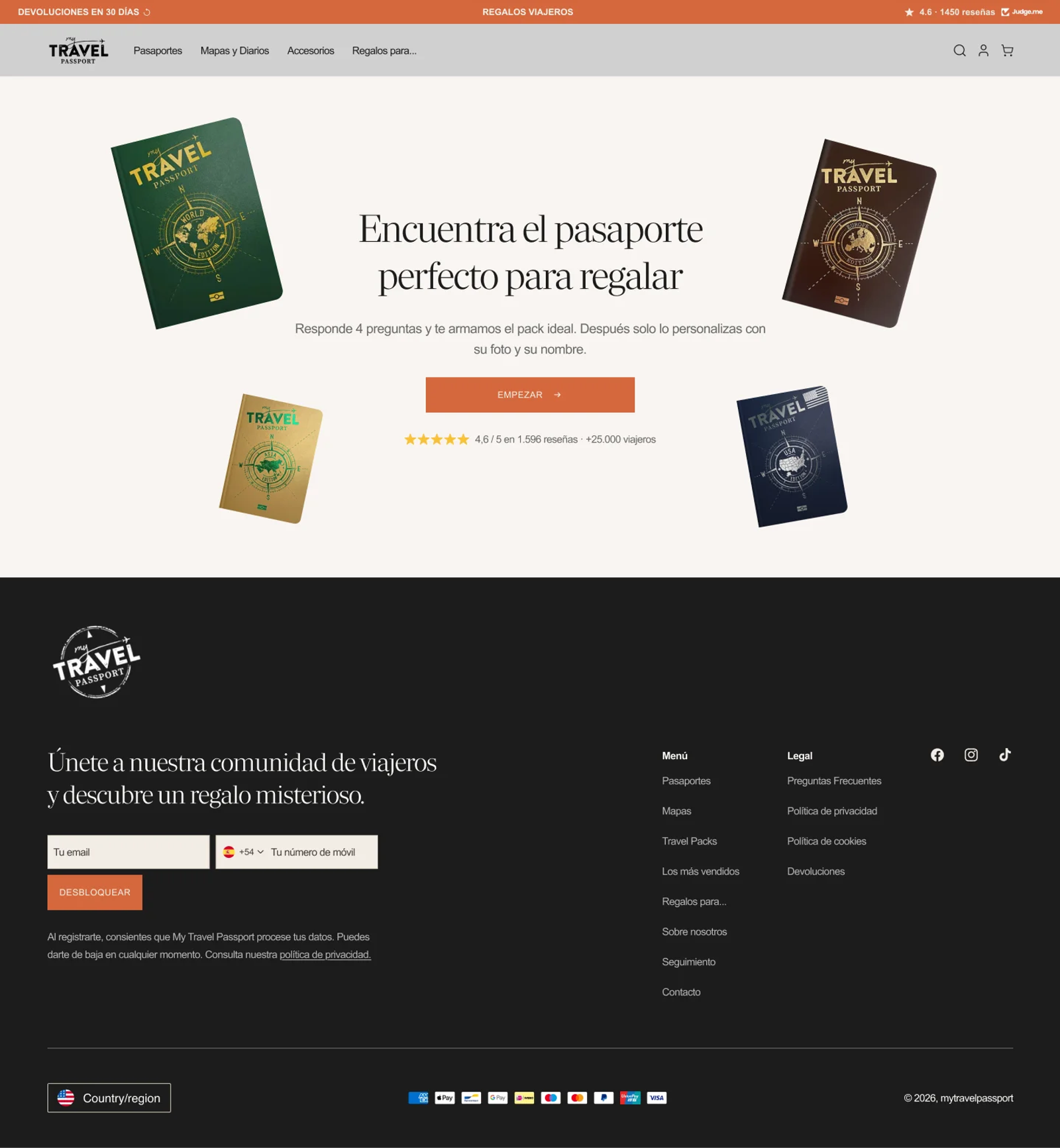 Inicio del quiz en desktop: «Encuentra el pasaporte perfecto para regalar», pasaportes de cada edición flotando alrededor del texto y botón Empezar
