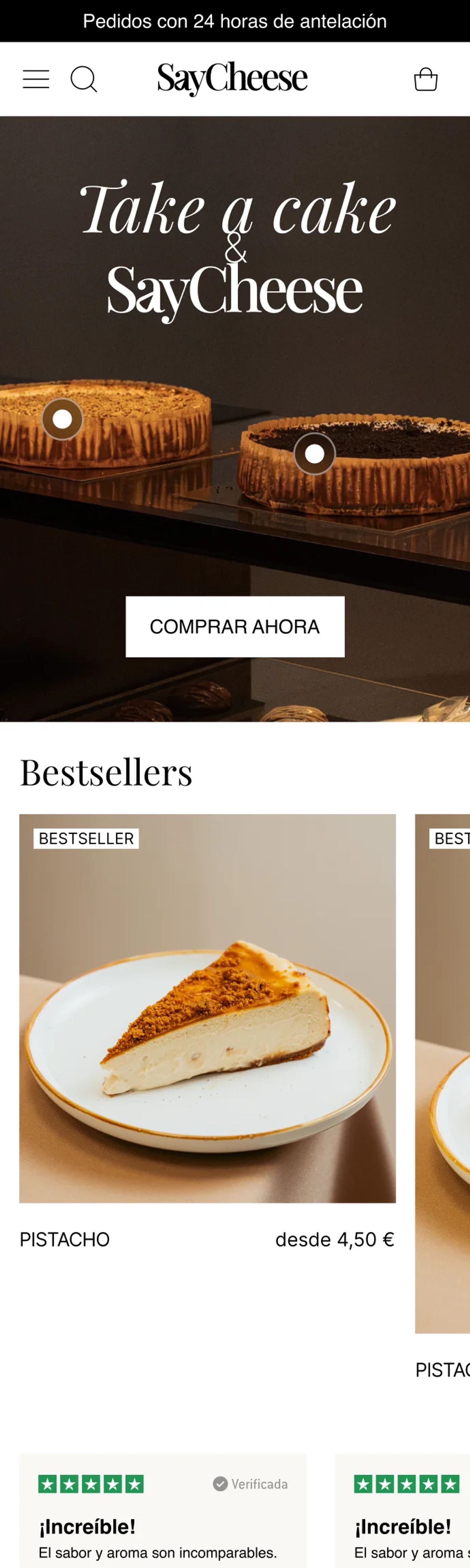 Home en mobile: hero «Take a cake», bestsellers, reseñas, «¿Por qué Saycheese?» y carrusel de cheesecakes