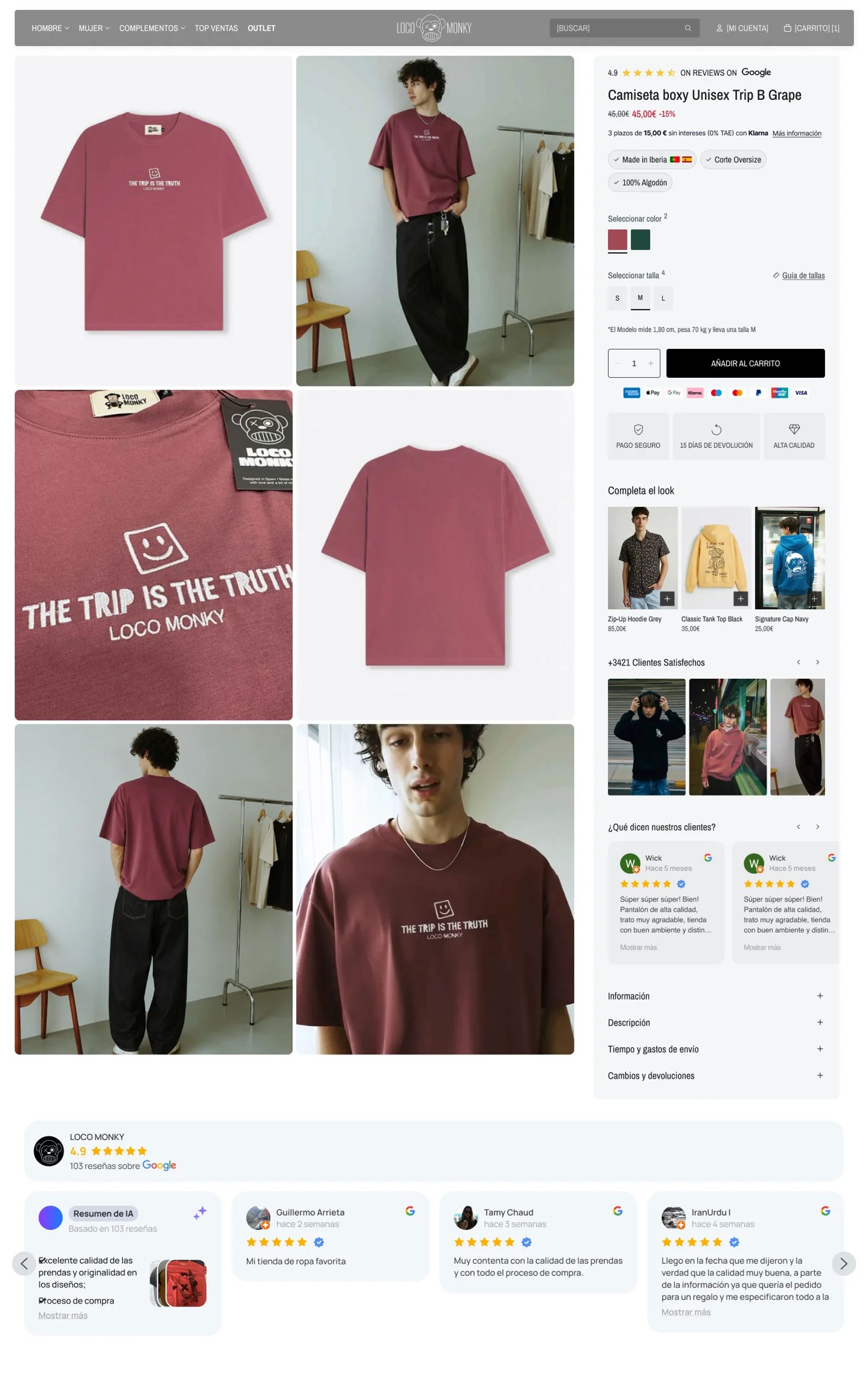 Ficha de producto en desktop: galería de fotos en grilla, selector de color y talla con guía de tallas, botón Añadir al carrito, «Completa el look», fotos de clientes, reseñas y acordeones de información