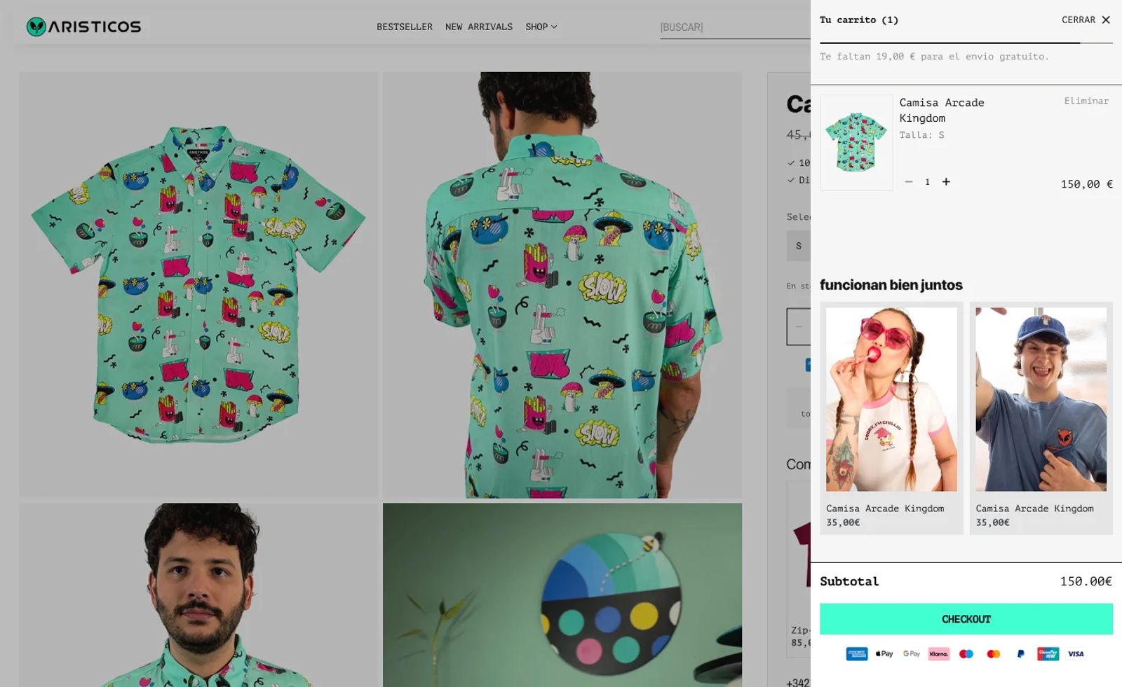 Carrito lateral sobre la ficha de producto: barra de progreso hacia el envío gratuito, producto con talla y cantidad, sugerencias «Funcionan bien juntos» y botón de checkout