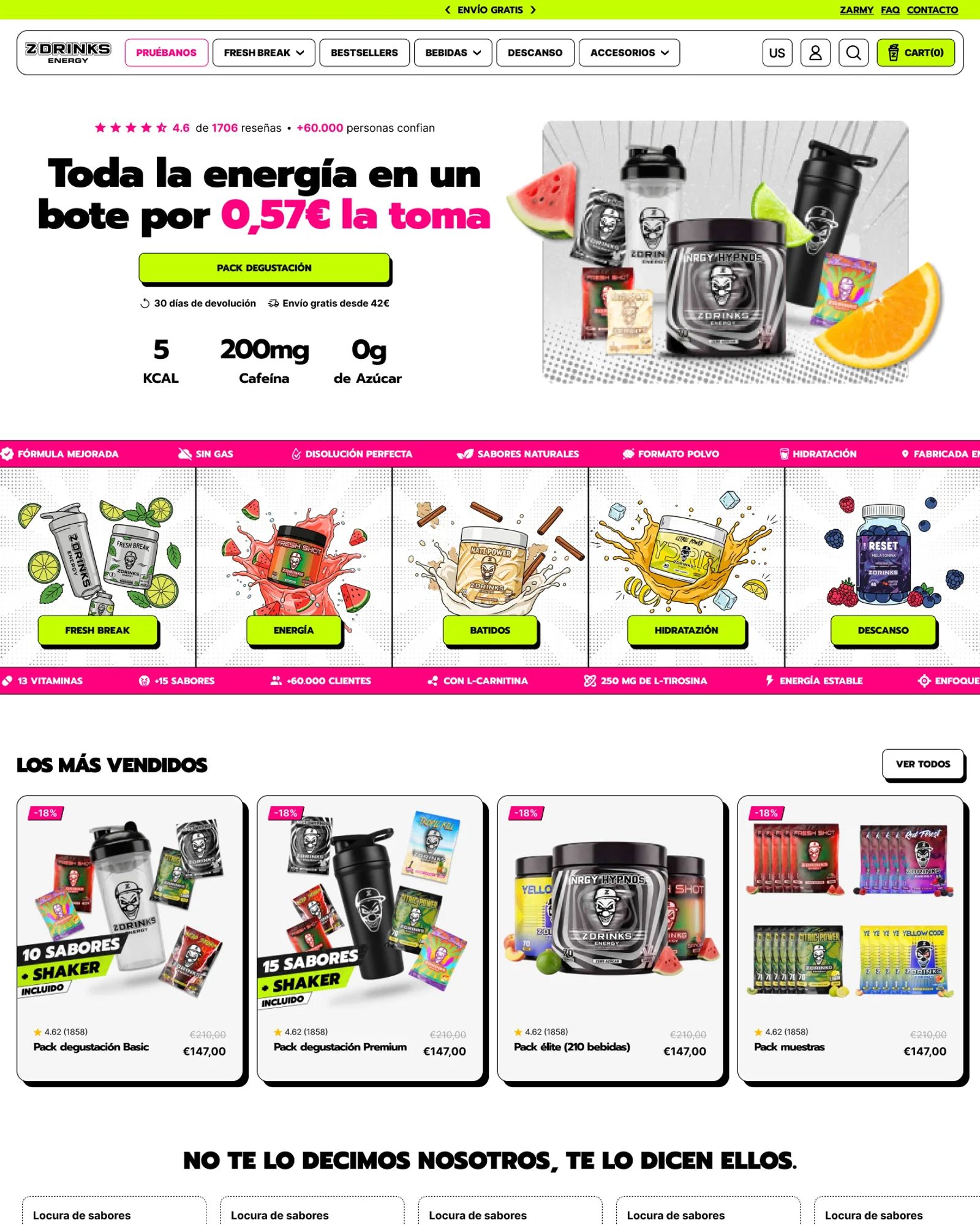 Home de Z Drinks: hero «Toda la energía en un bote por 0,57 € la toma», categorías (Fresh Break, Energía, Batidos, Hidratación, Descanso) y carrusel de más vendidos