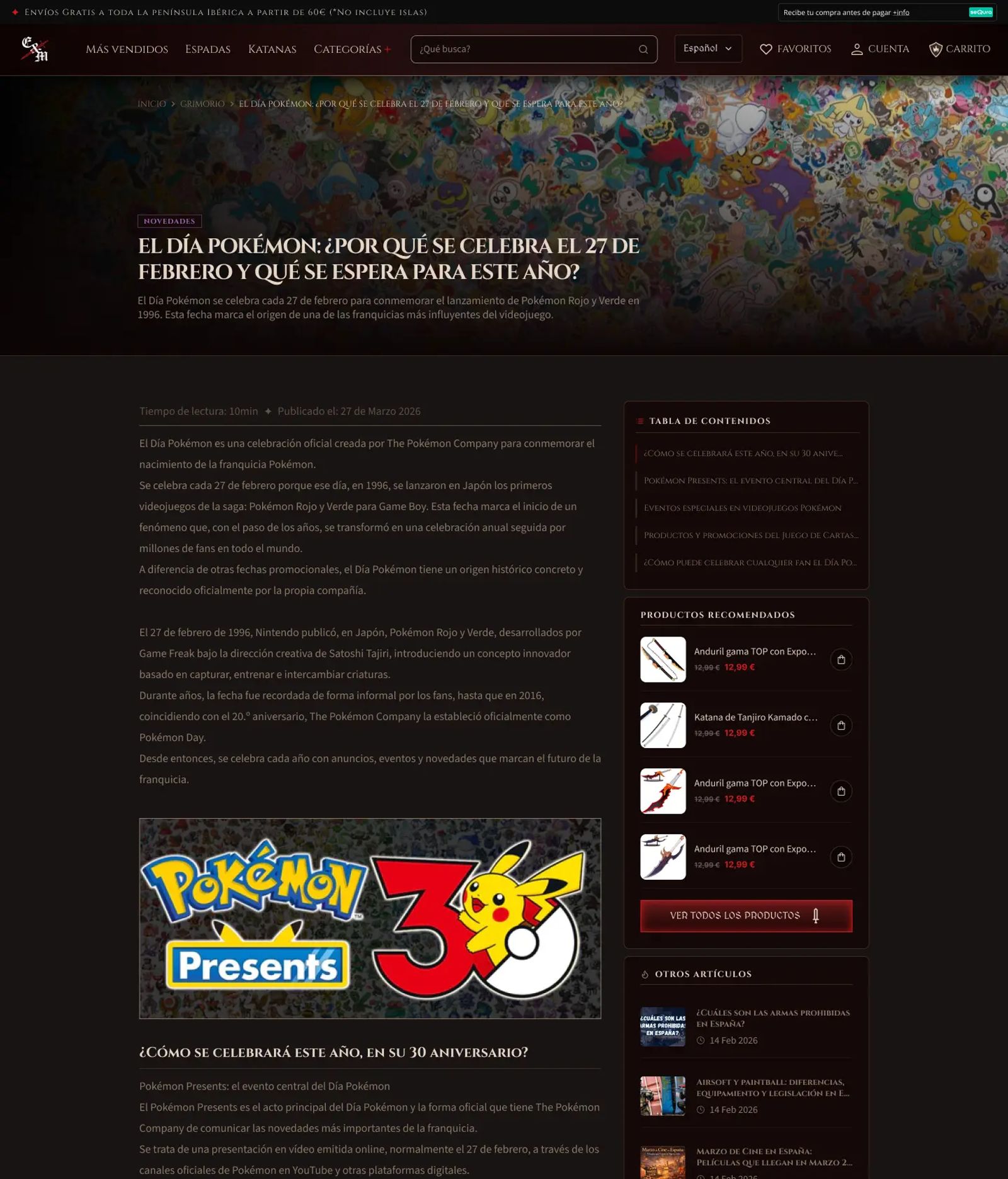 Artículo del blog «Grimorio» sobre el Día Pokémon: tabla de contenidos, productos recomendados y otros artículos en la columna lateral