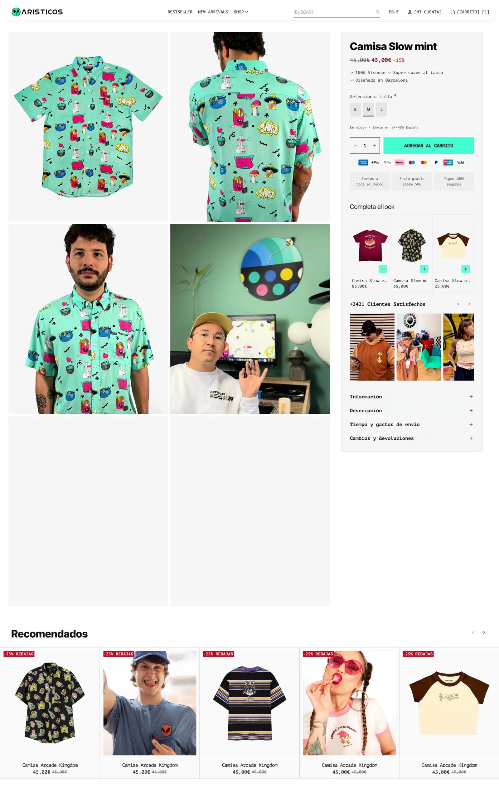 Ficha de producto en desktop: galería de la camisa Slow mint, precio con descuento, selector de talla, botón de agregar al carrito, medios de pago, «Completa el look» y bloques desplegables de información