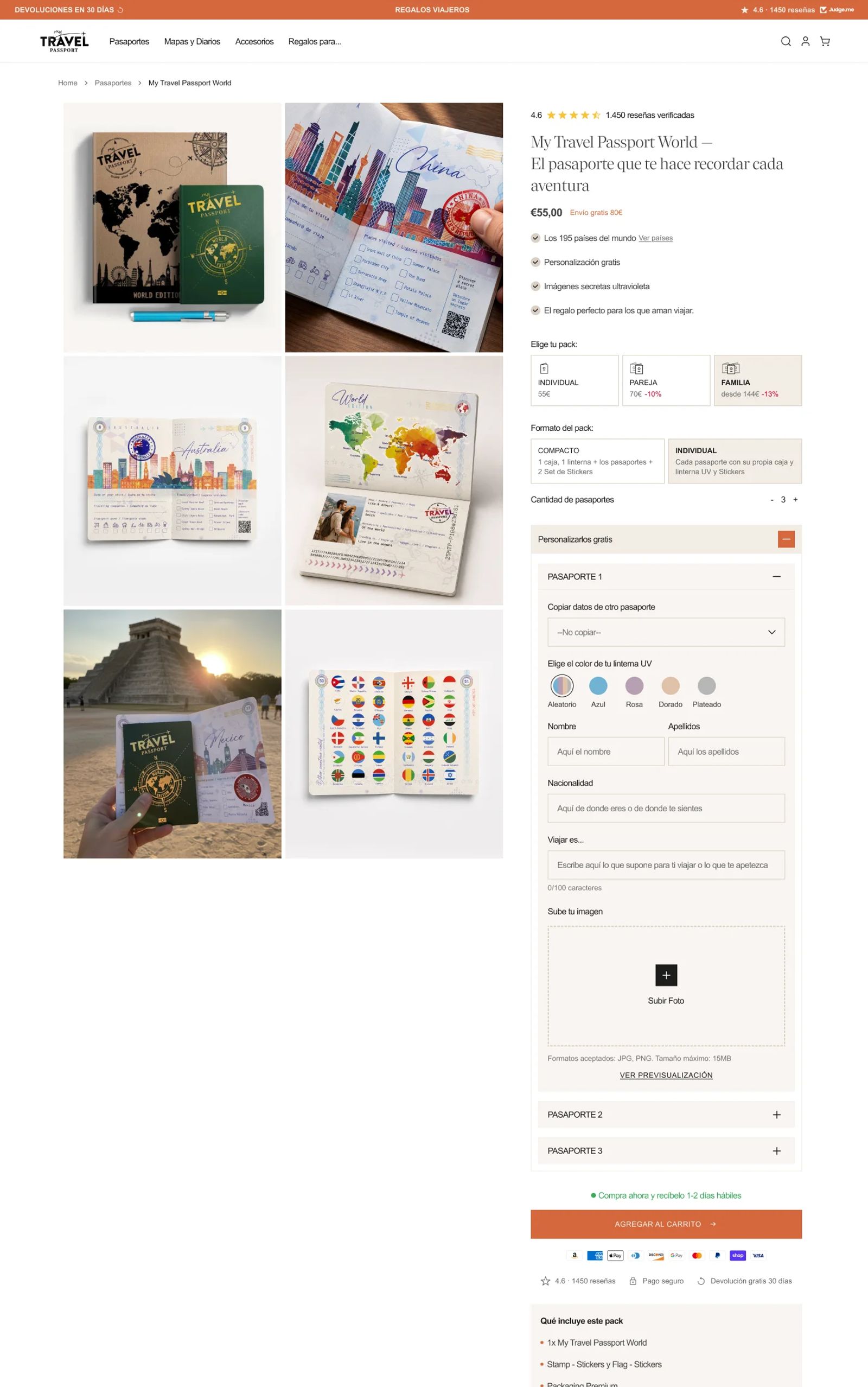 Ficha de producto en desktop: galería con las páginas del pasaporte, selección de pack y formato, formulario para personalizar cada pasaporte con foto y botón para agregar al carrito