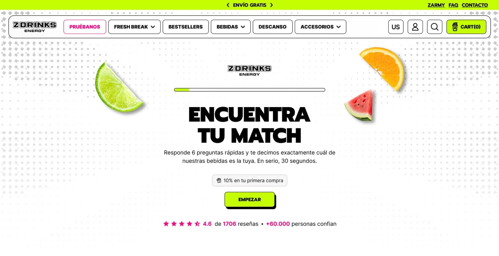 Inicio del quiz «Encuentra tu match»: barra de progreso, seis preguntas rápidas, 10% en la primera compra y botón Empezar
